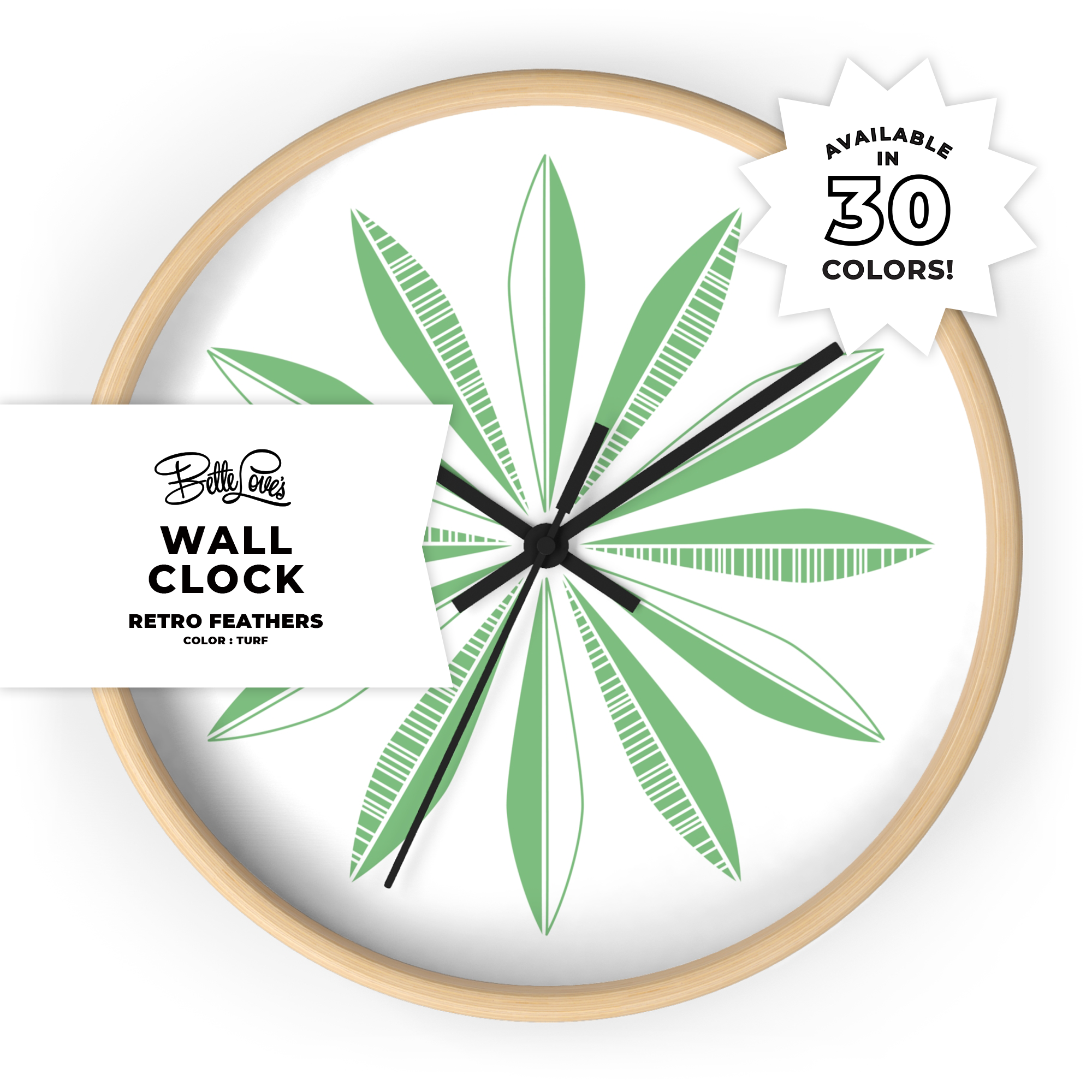 Retro Feather Wall Clock in Turf on White Retro Feather Wall Clock in Turf on White