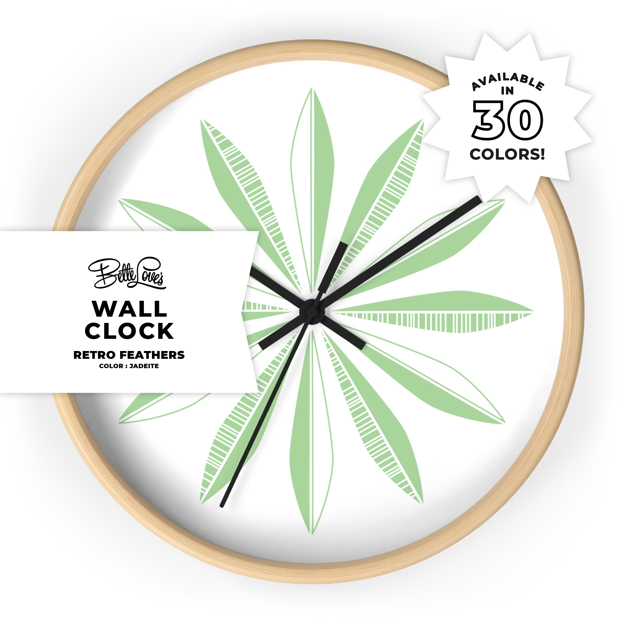 Retro Feathers Wall Clock in Jadeite on White Retro Feathers Wall Clock in Jadeite on White