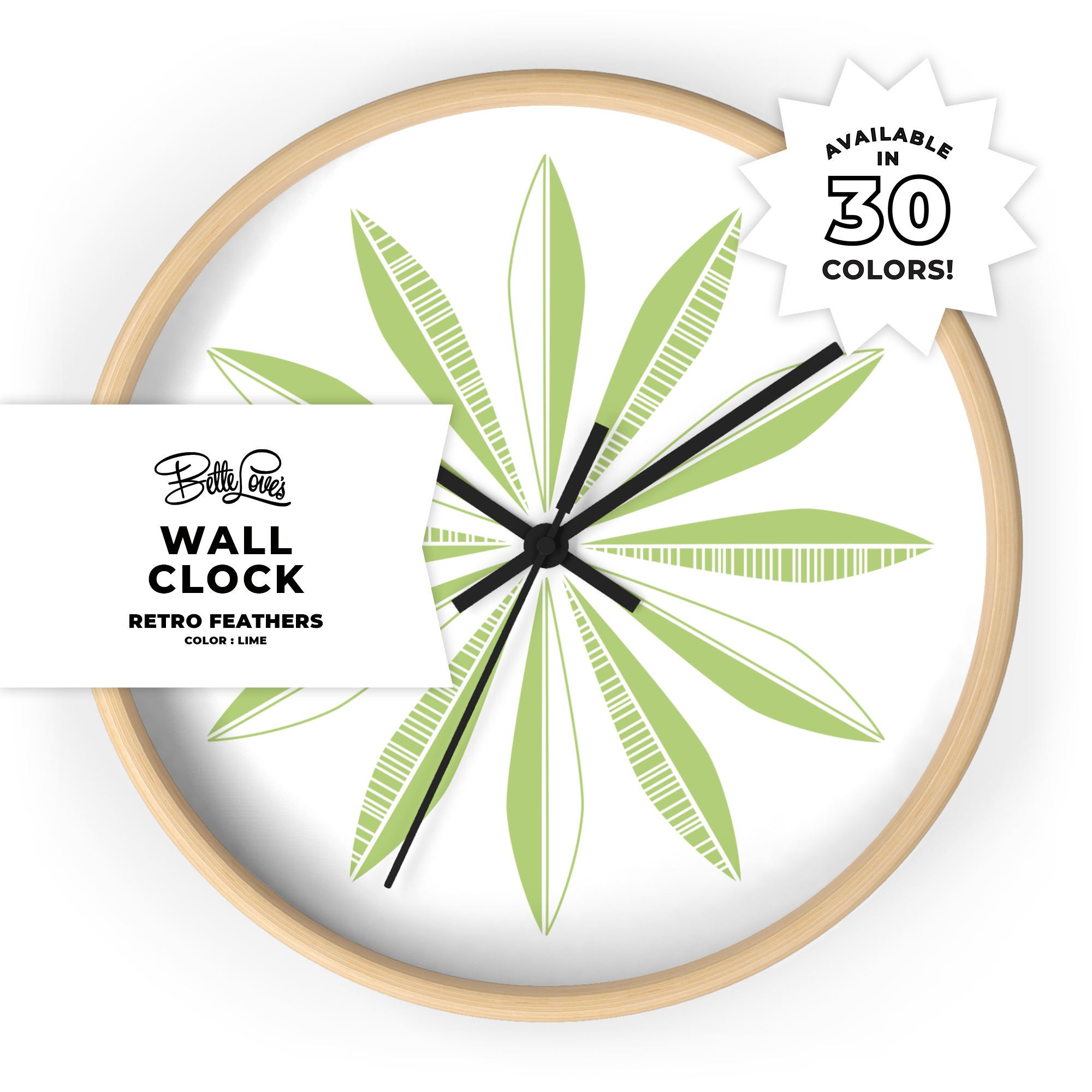 Retro Feathers Wall Clock in Lime on White Retro Feathers Wall Clock in Lime on White
