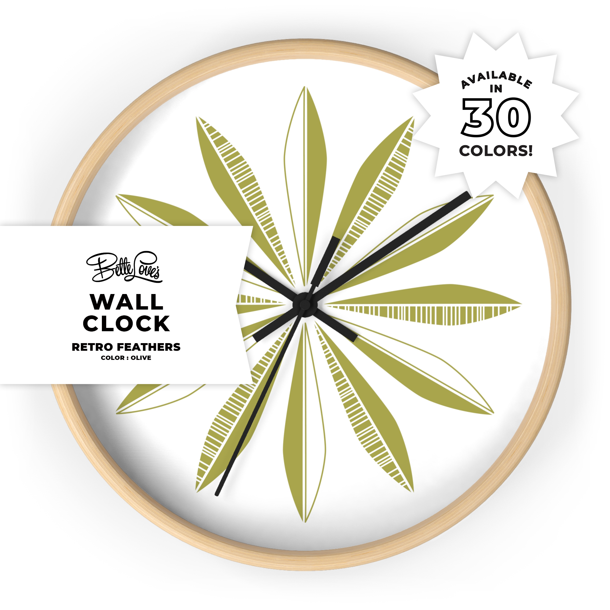 Retro Feathers Wall Clock in Olive on White Retro Feathers Wall Clock in Olive on White