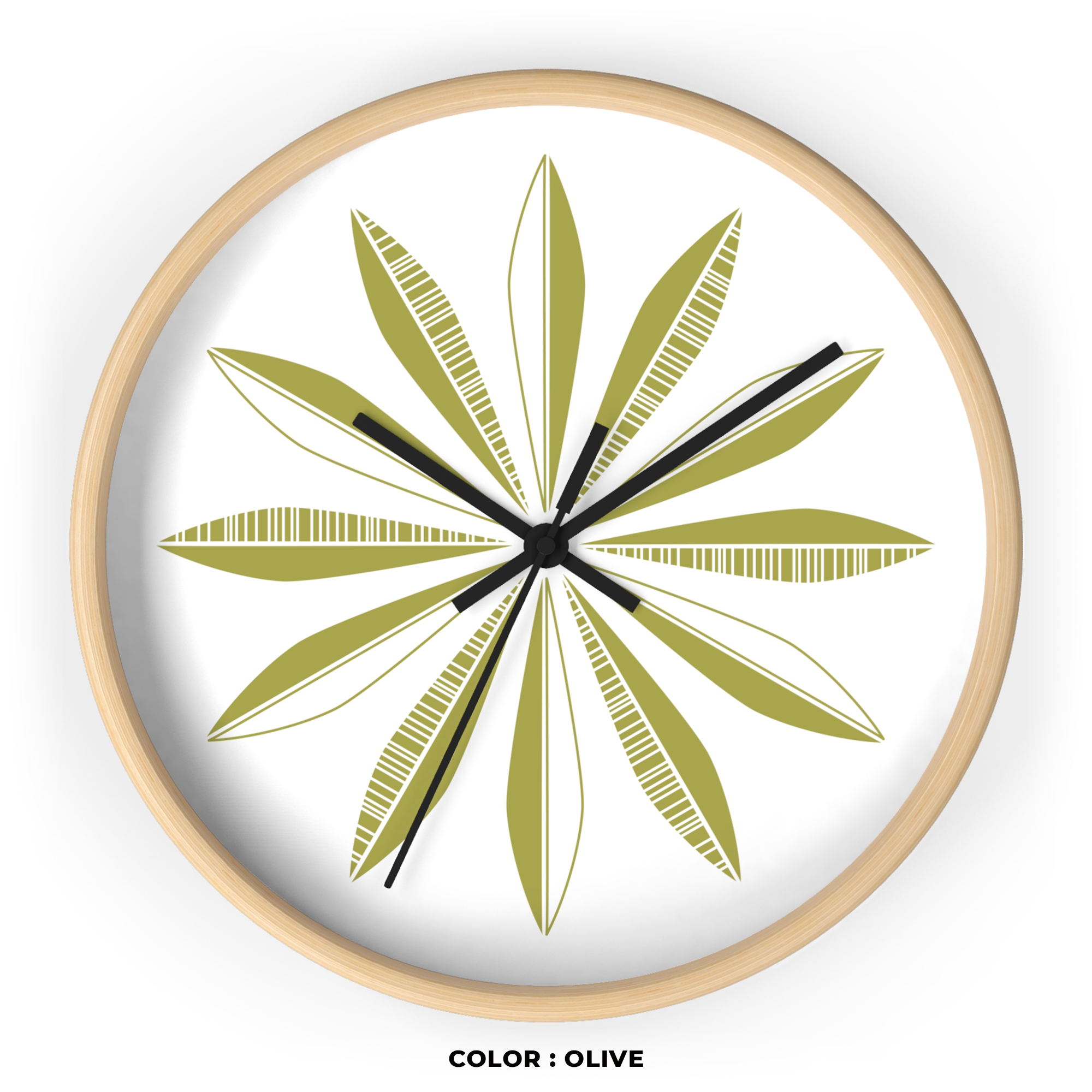 Retro Feathers Wall Clock in Olive on White product thumbnail image