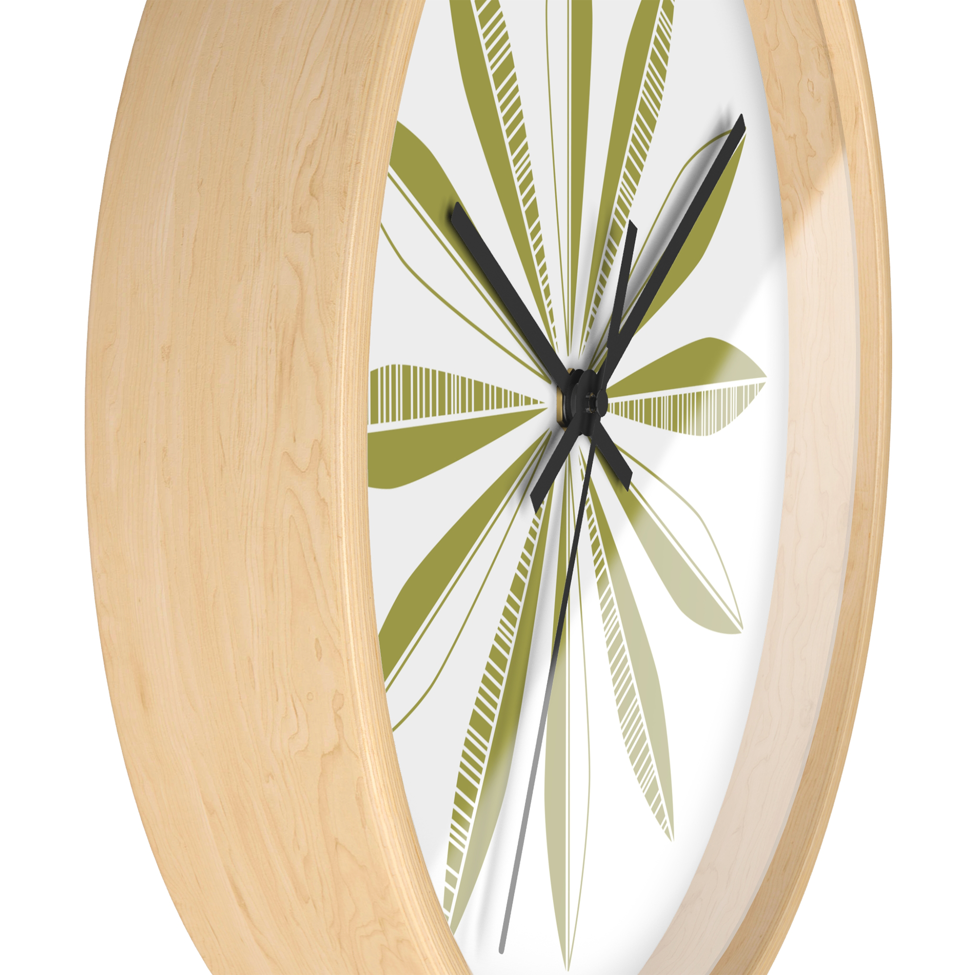 Retro Feathers Wall Clock in Olive on White product thumbnail image