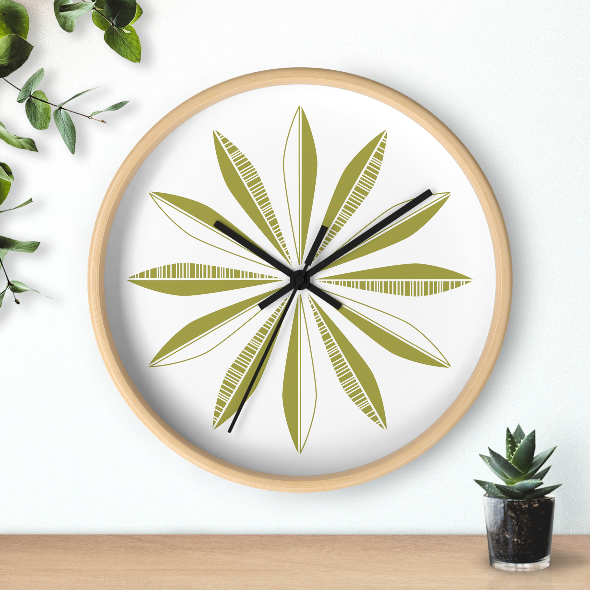 Retro Feathers Wall Clock in Olive on White product thumbnail image