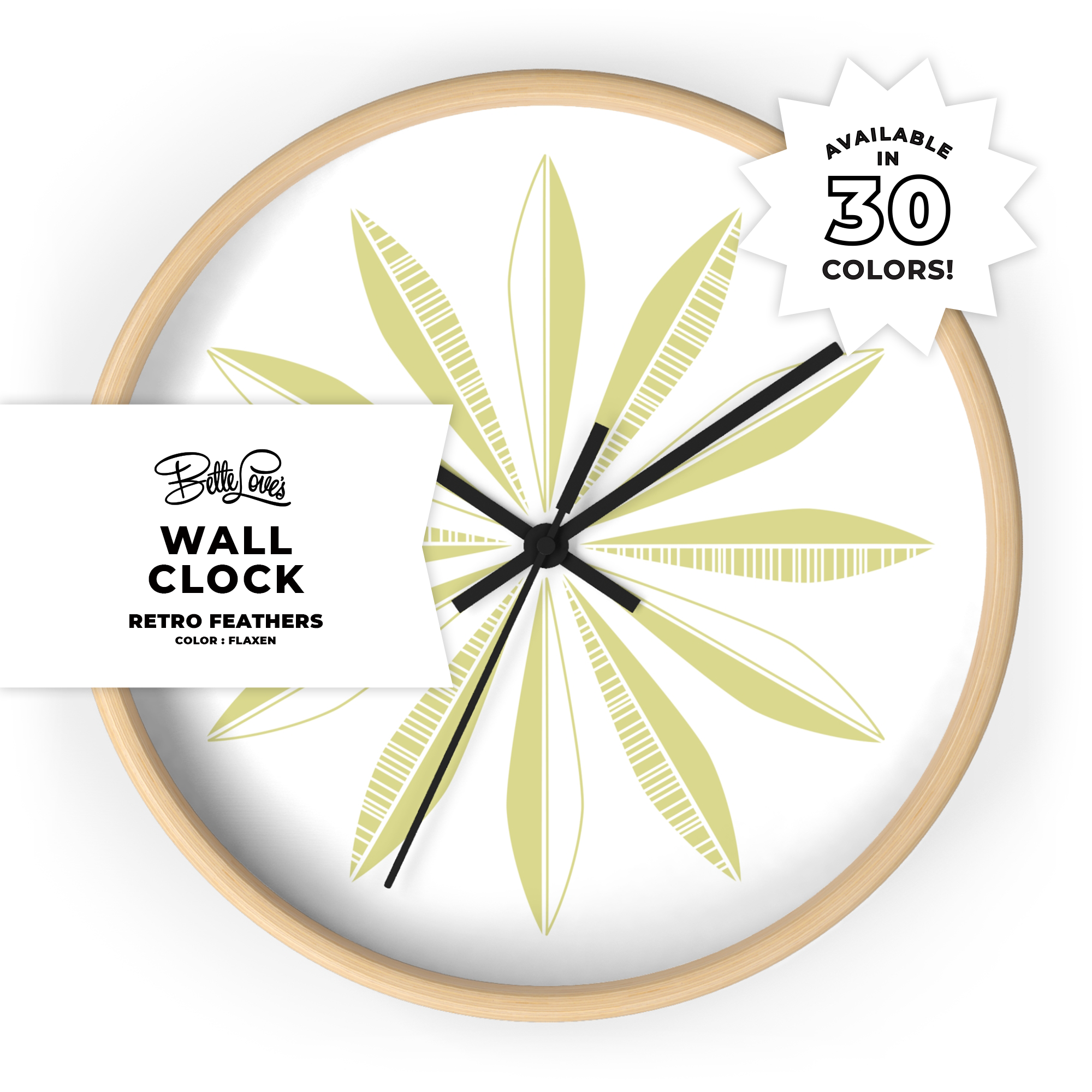 Retro Feathers Wall Clock in Flaxen on White Retro Feathers Wall Clock in Flaxen on White