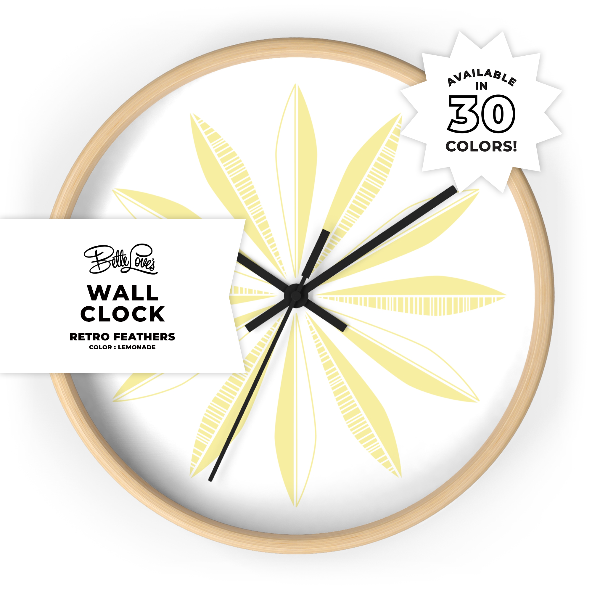 Retro Feathers Wall Clock in Lemonade on White Retro Feathers Wall Clock in Lemonade on White
