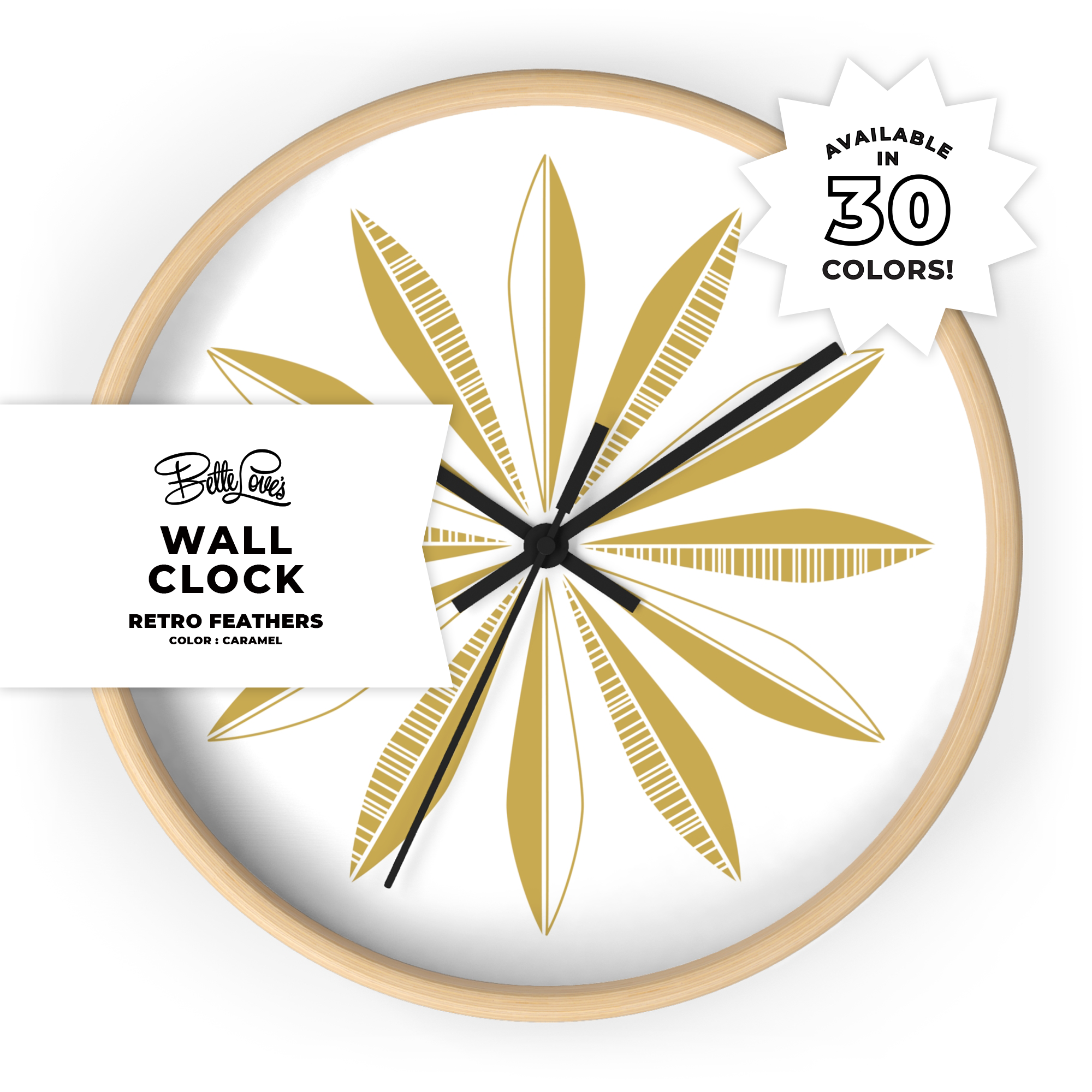 Retro Feather Wall Clock in Caramel on White product thumbnail image
