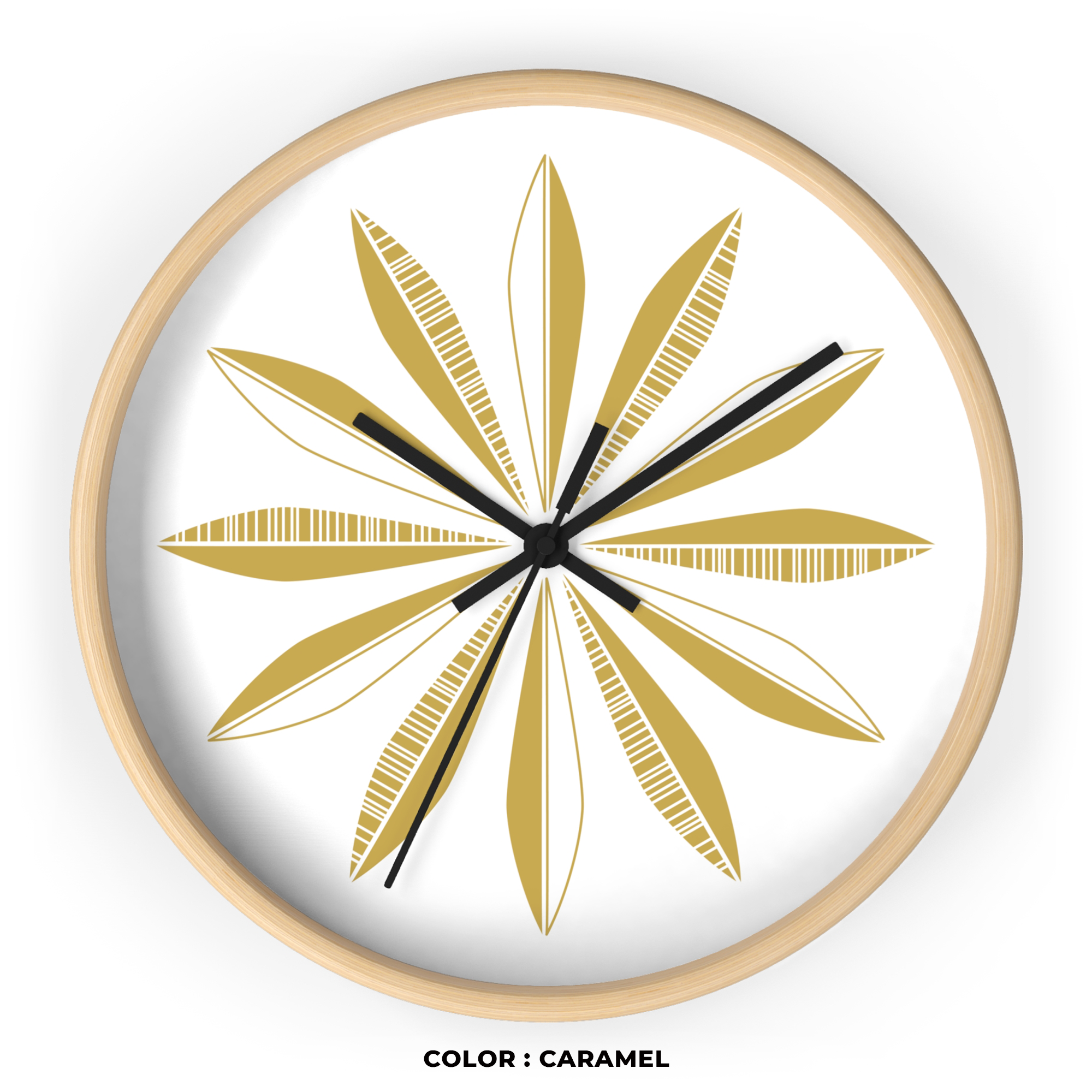 Retro Feather Wall Clock in Caramel on White product thumbnail image