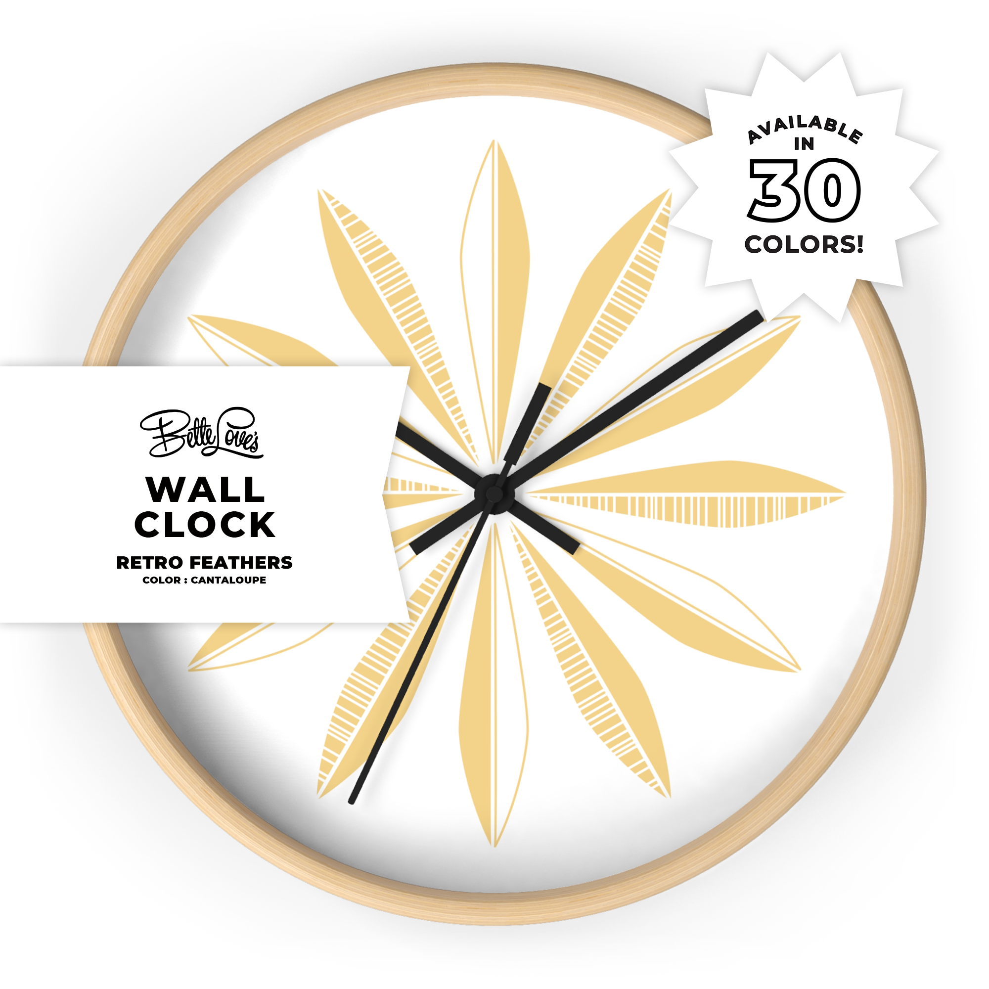 Retro Feathers Wall Clock in Cantaloupe on White