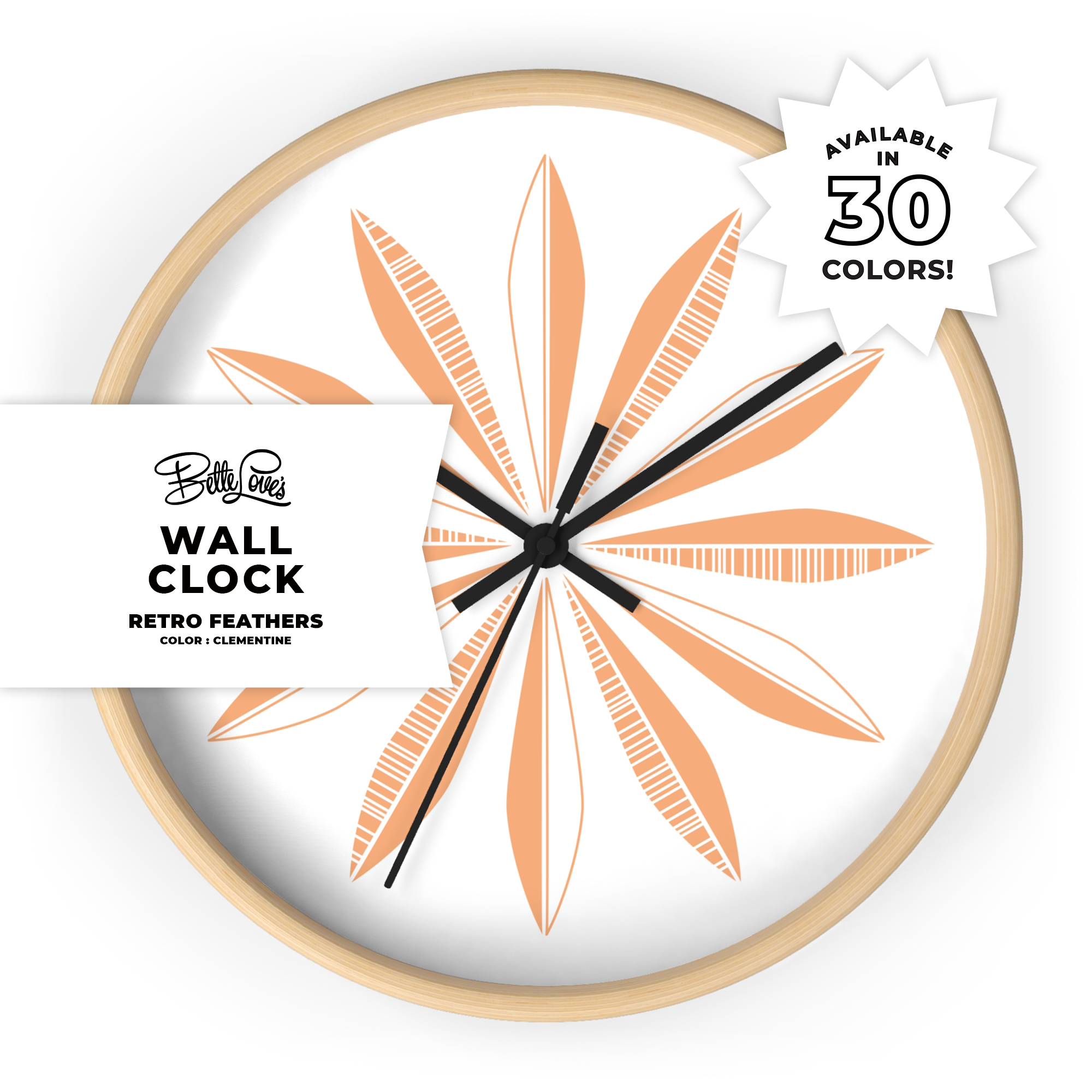 Retro Feathers Wall Clock in Clementine on White Retro Feathers Wall Clock in Clementine on White