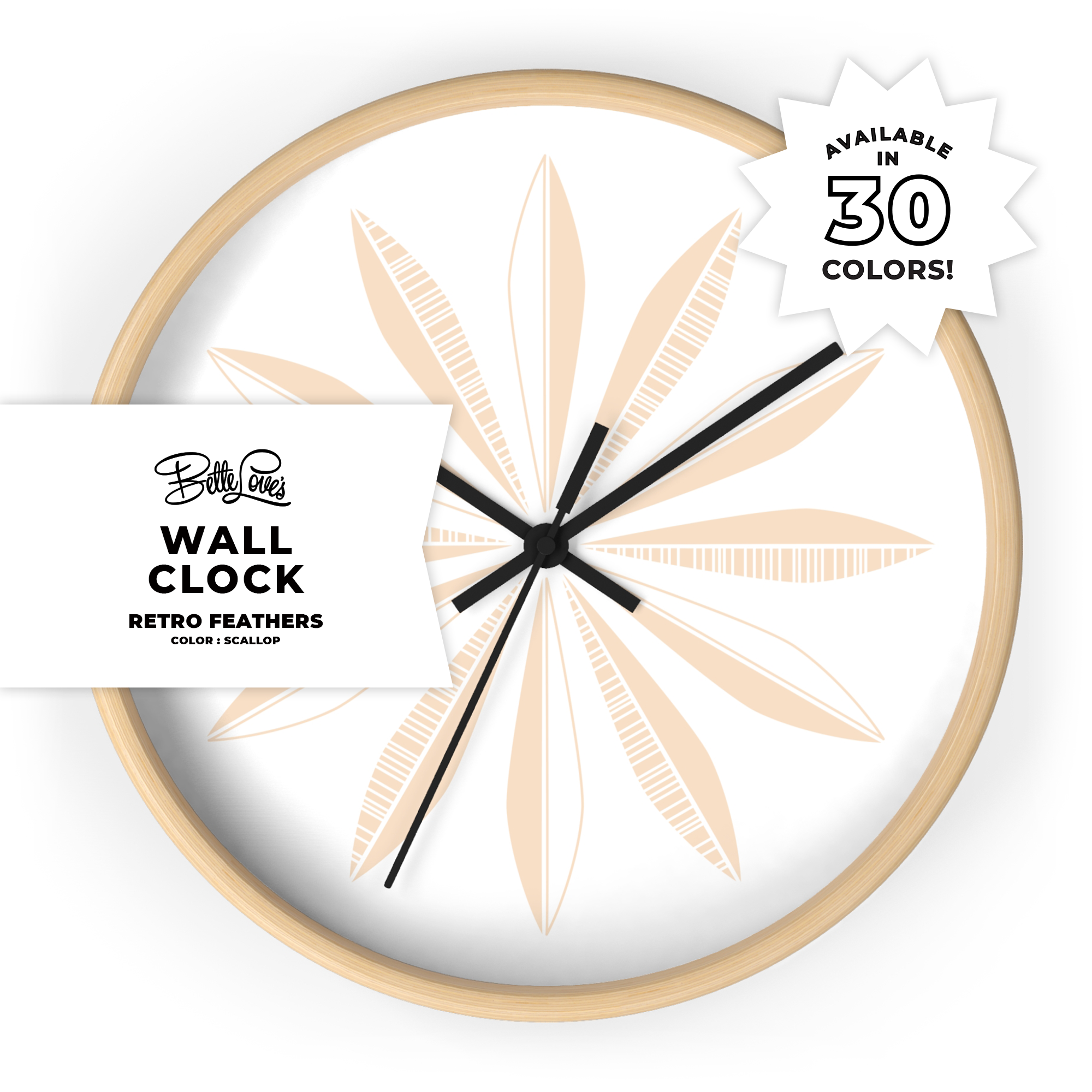 Retro Feathers Wall Clock in Scallop on White Retro Feathers Wall Clock in Scallop on White