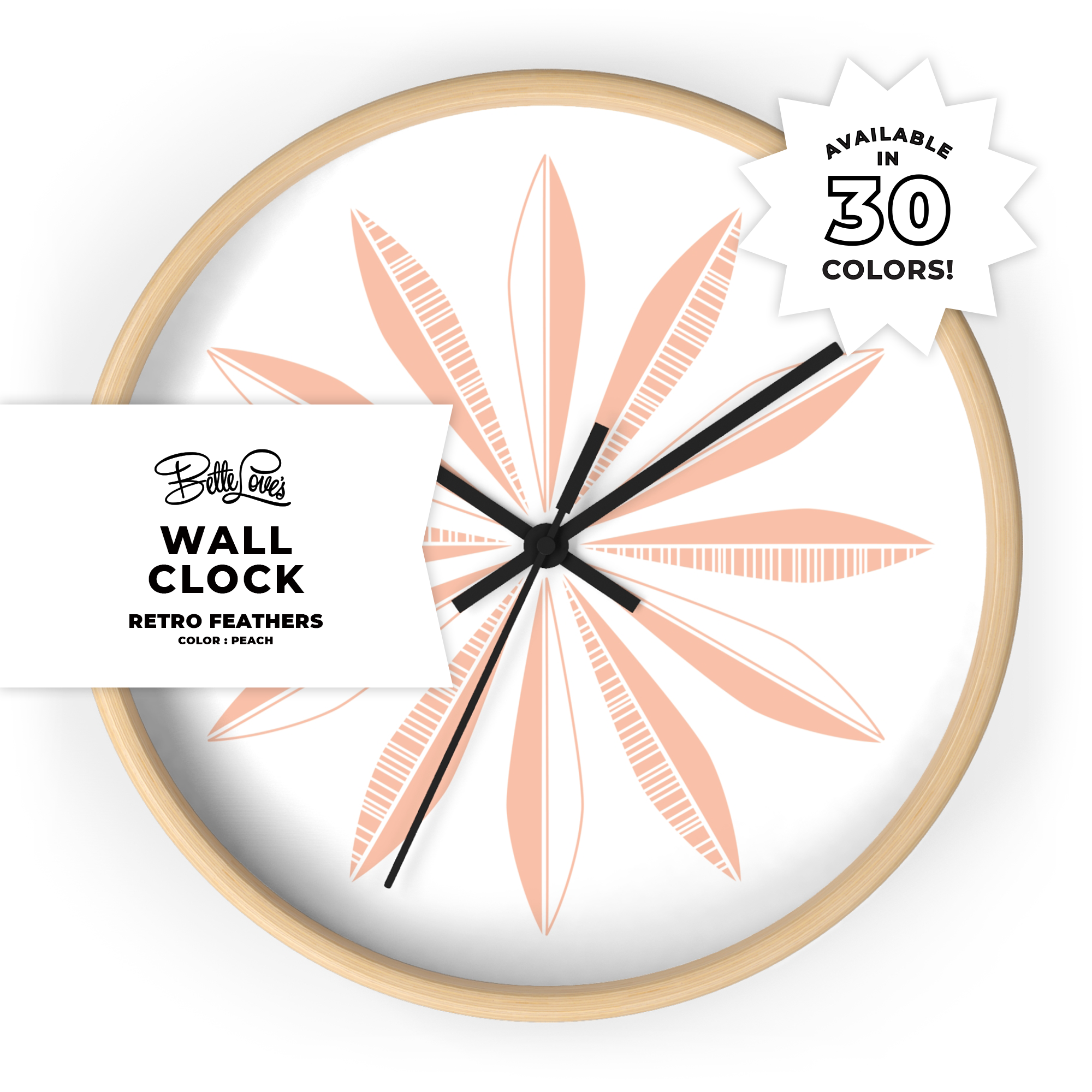 Retro Feathers Wall Clock in Peach on White Retro Feathers Wall Clock in Peach on White