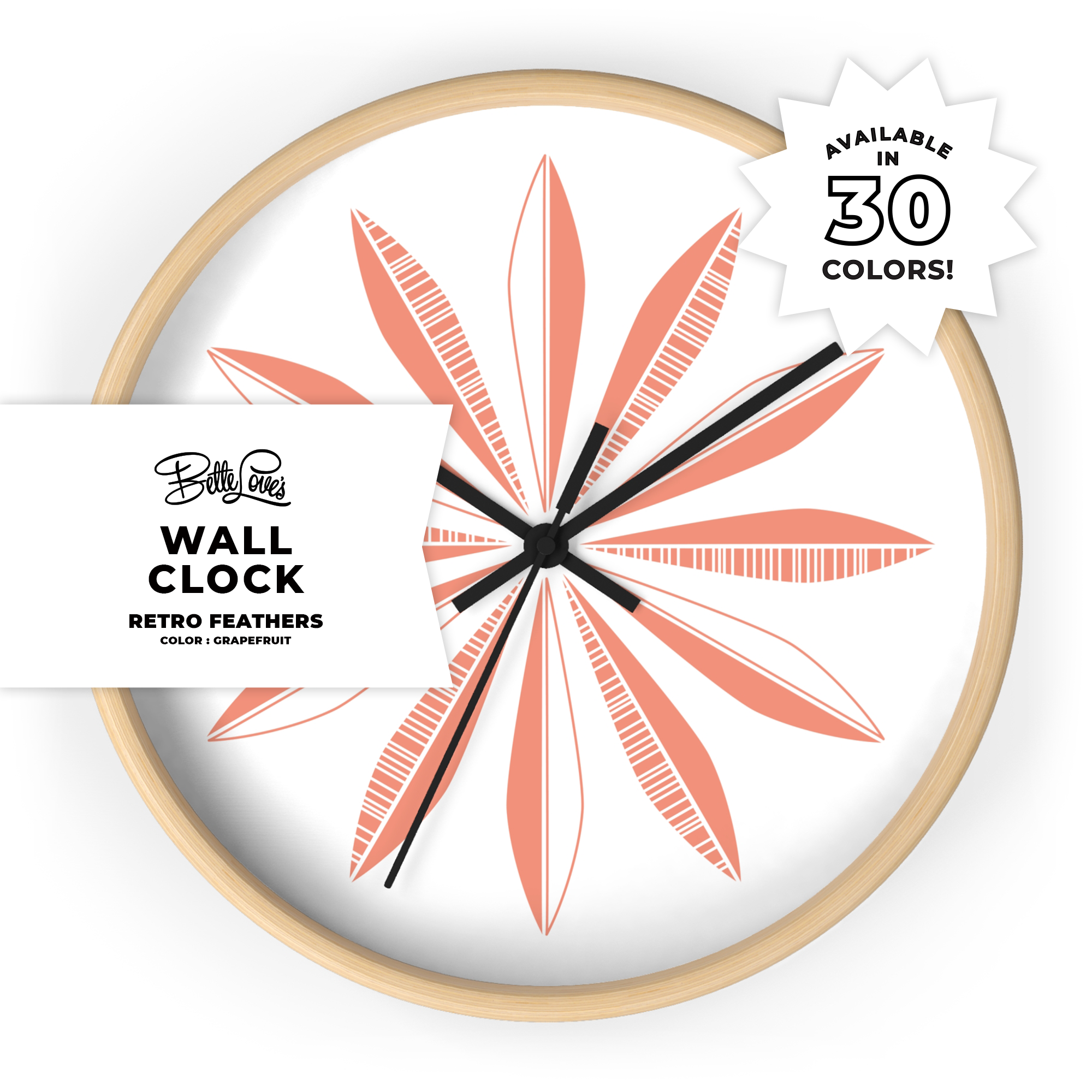 Retro Feathers Wall Clock in Grapefruit on White Retro Feathers Wall Clock in Grapefruit on White