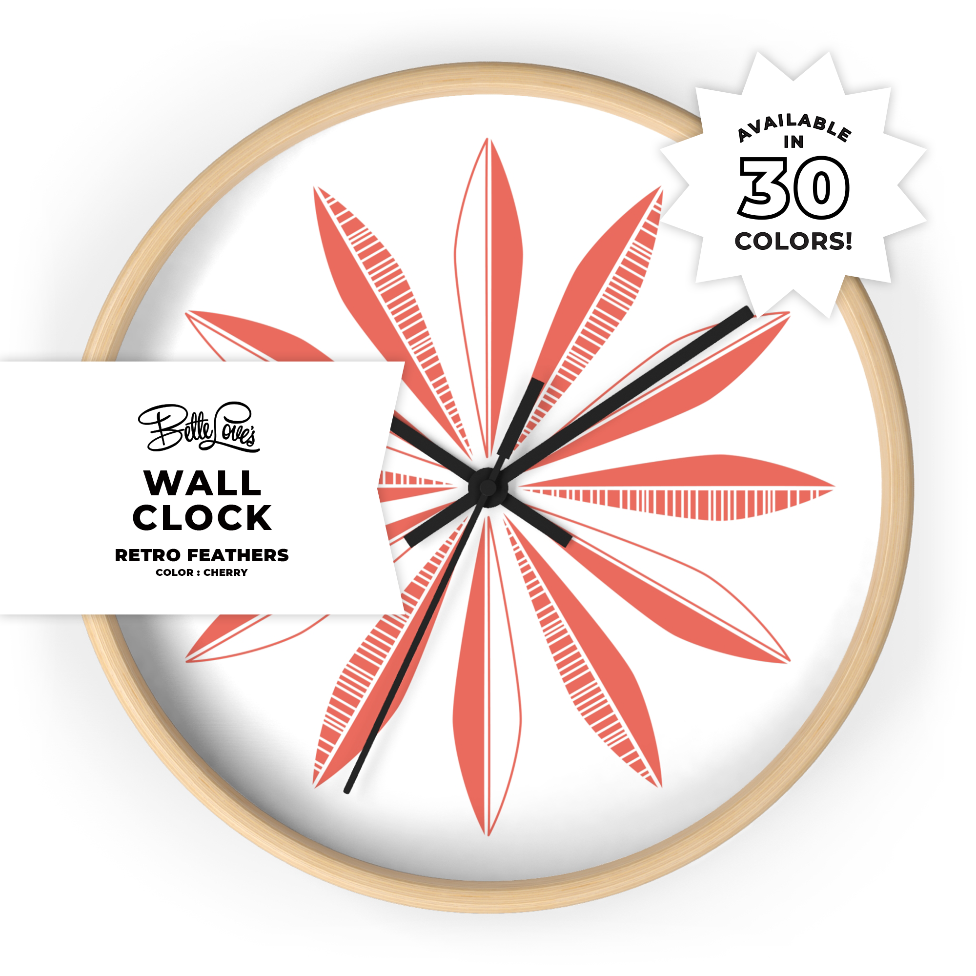 Retro Feathers Wall Clock in Cherry on White product thumbnail image Retro Feathers Wall Clock in Cherry on White product thumbnail image