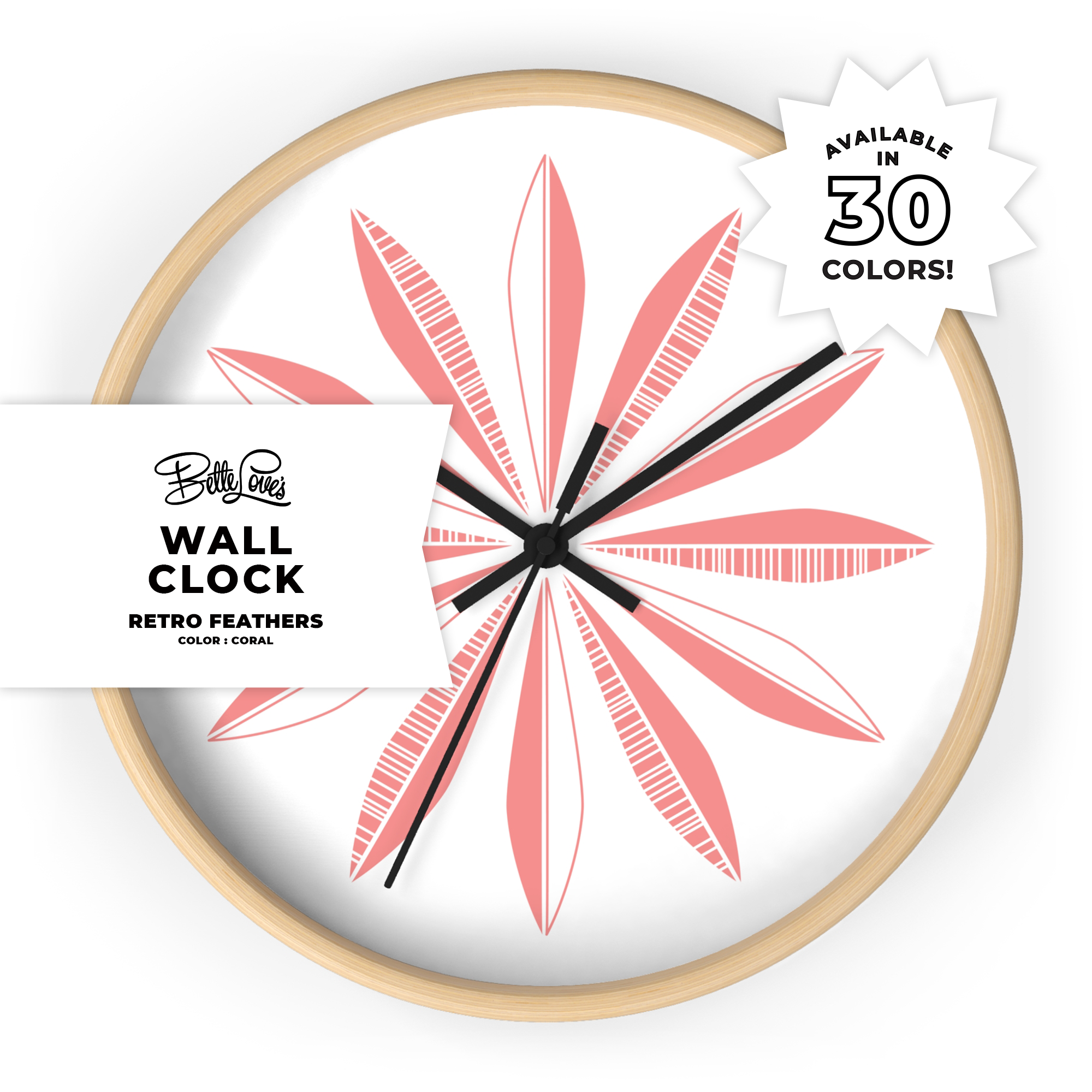Retro Feathers Wall Clock in Coral on White product thumbnail image Retro Feathers Wall Clock in Coral on White product thumbnail image