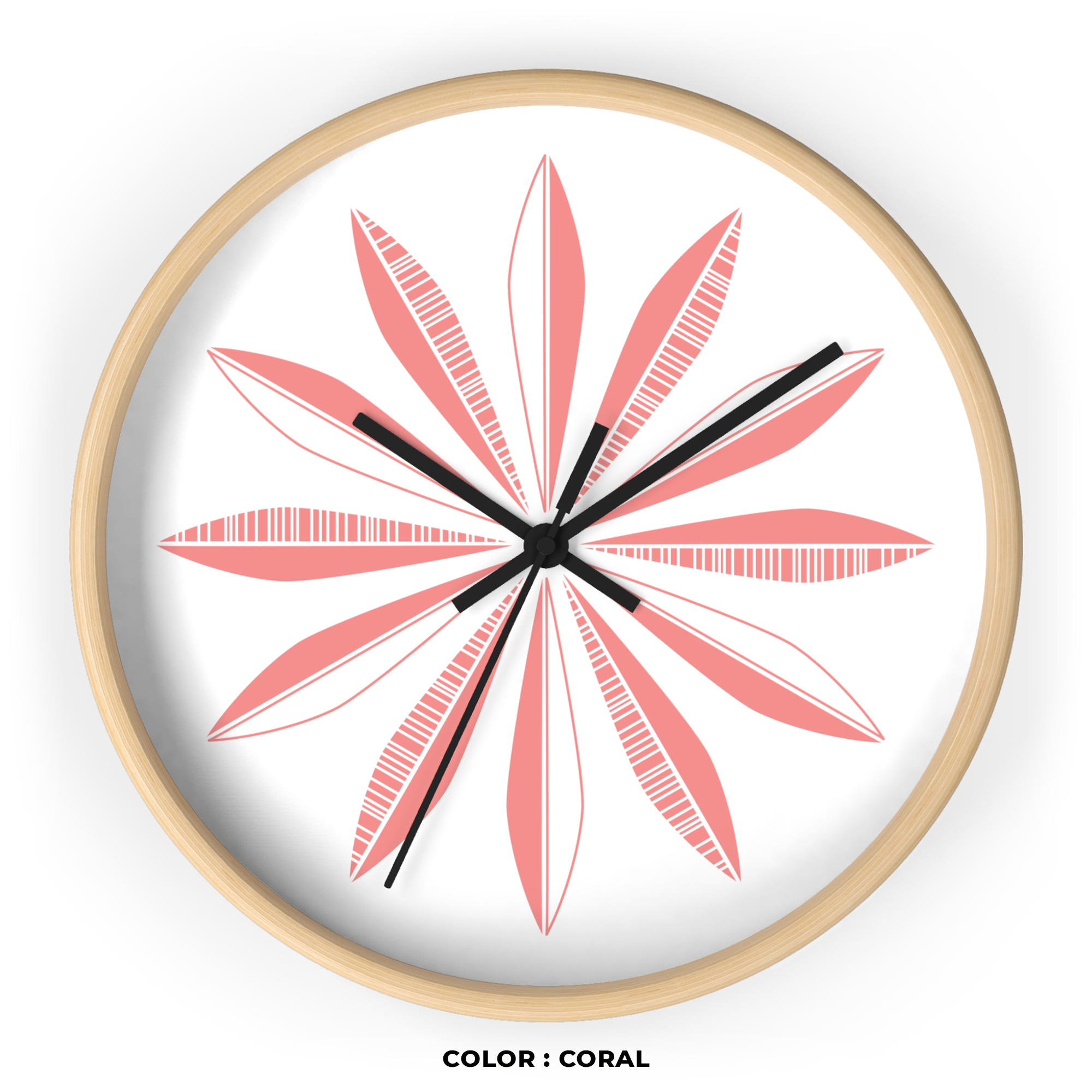 Retro Feathers Wall Clock in Coral on White product thumbnail image Retro Feathers Wall Clock in Coral on White product thumbnail image