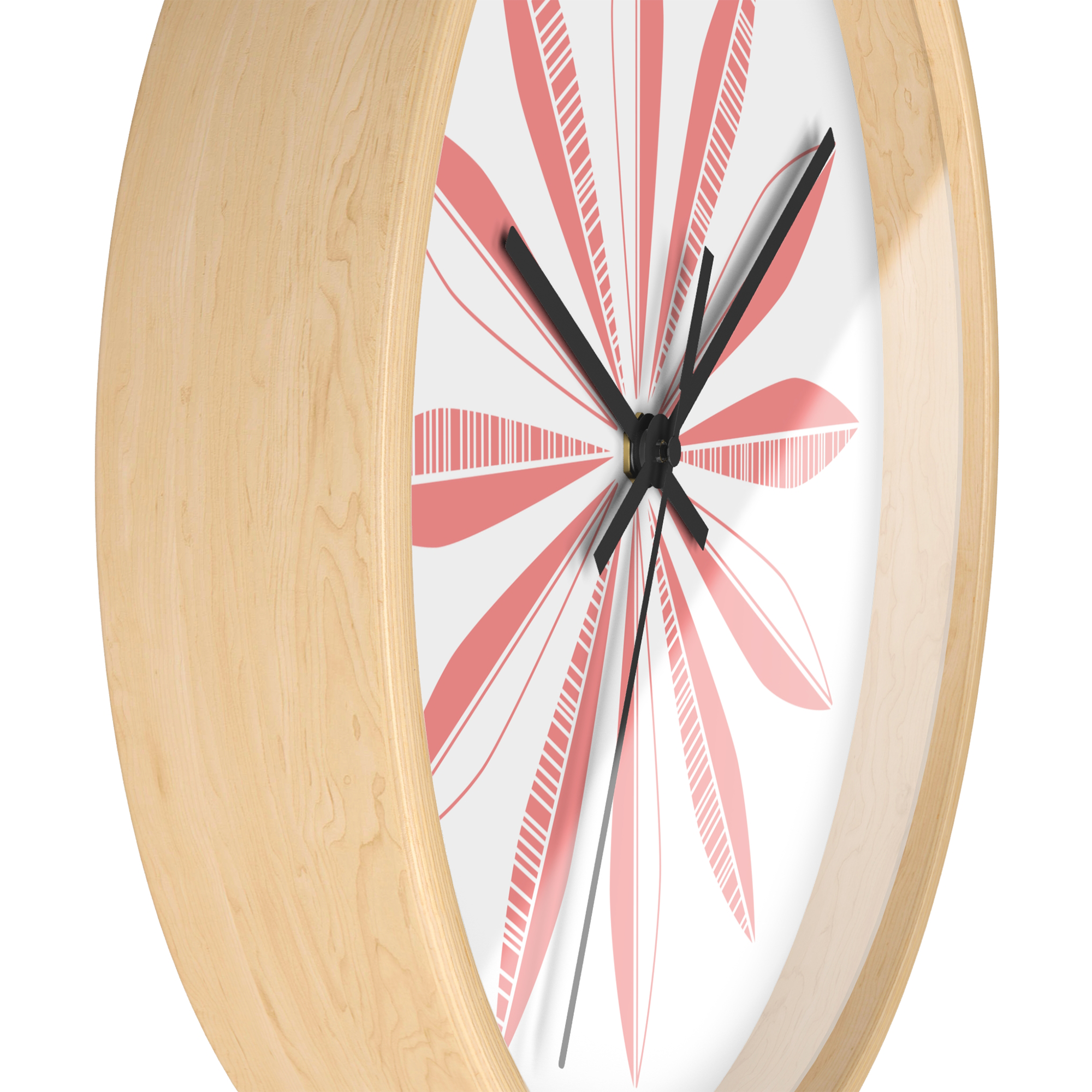 Retro Feathers Wall Clock in Coral on White product thumbnail image Retro Feathers Wall Clock in Coral on White product thumbnail image