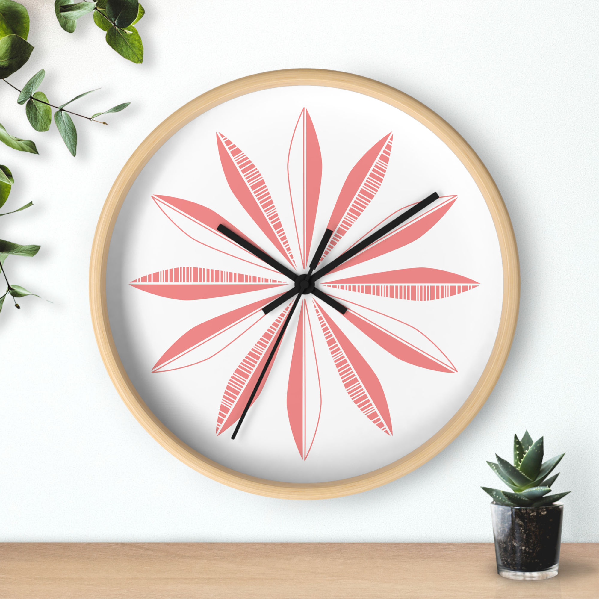 Retro Feathers Wall Clock in Coral on White product thumbnail image Retro Feathers Wall Clock in Coral on White product thumbnail image