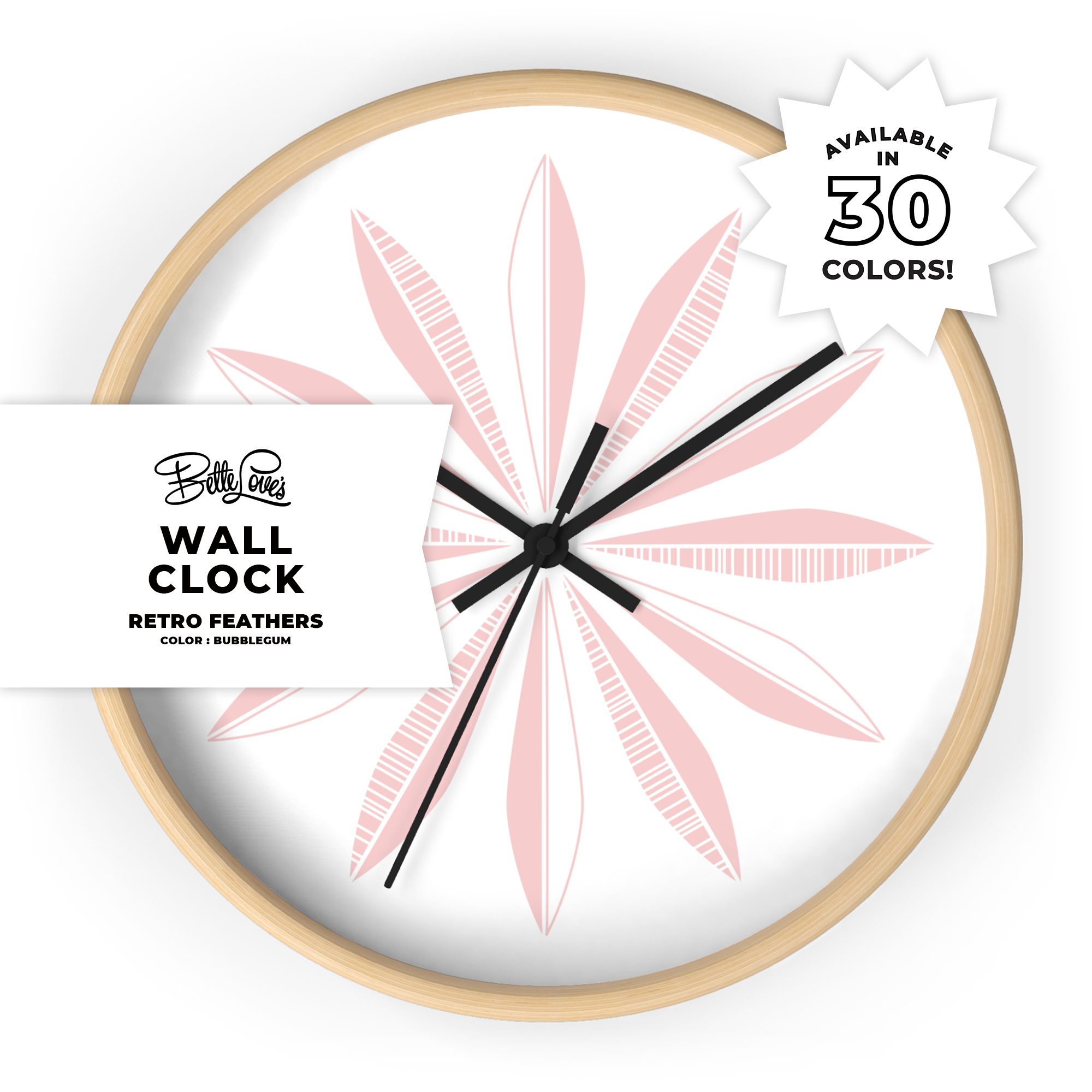 Retro Feathers Wall Clock in Bubblegum on White product thumbnail image Retro Feathers Wall Clock in Bubblegum on White product thumbnail image
