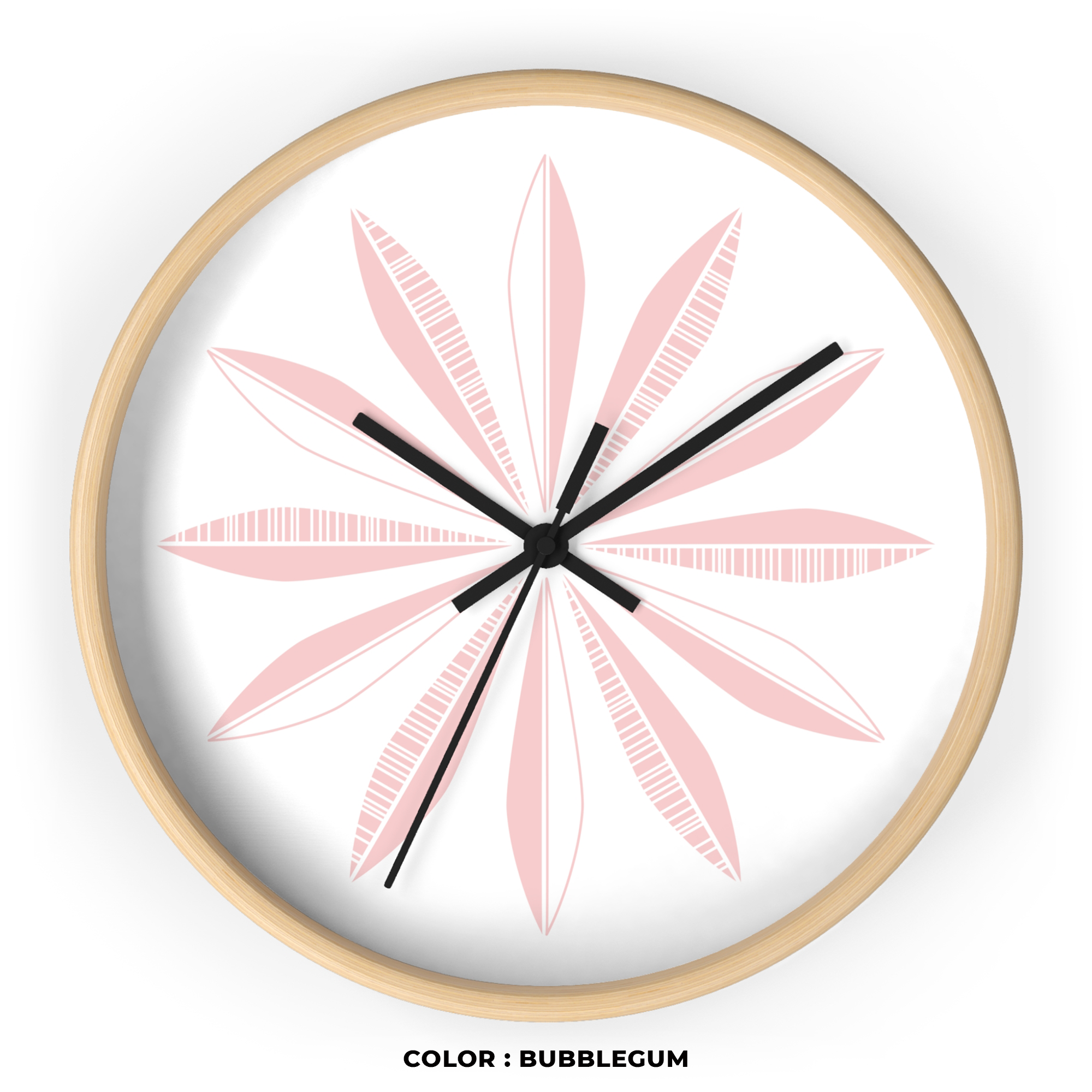 Retro Feathers Wall Clock in Bubblegum on White product thumbnail image Retro Feathers Wall Clock in Bubblegum on White product thumbnail image