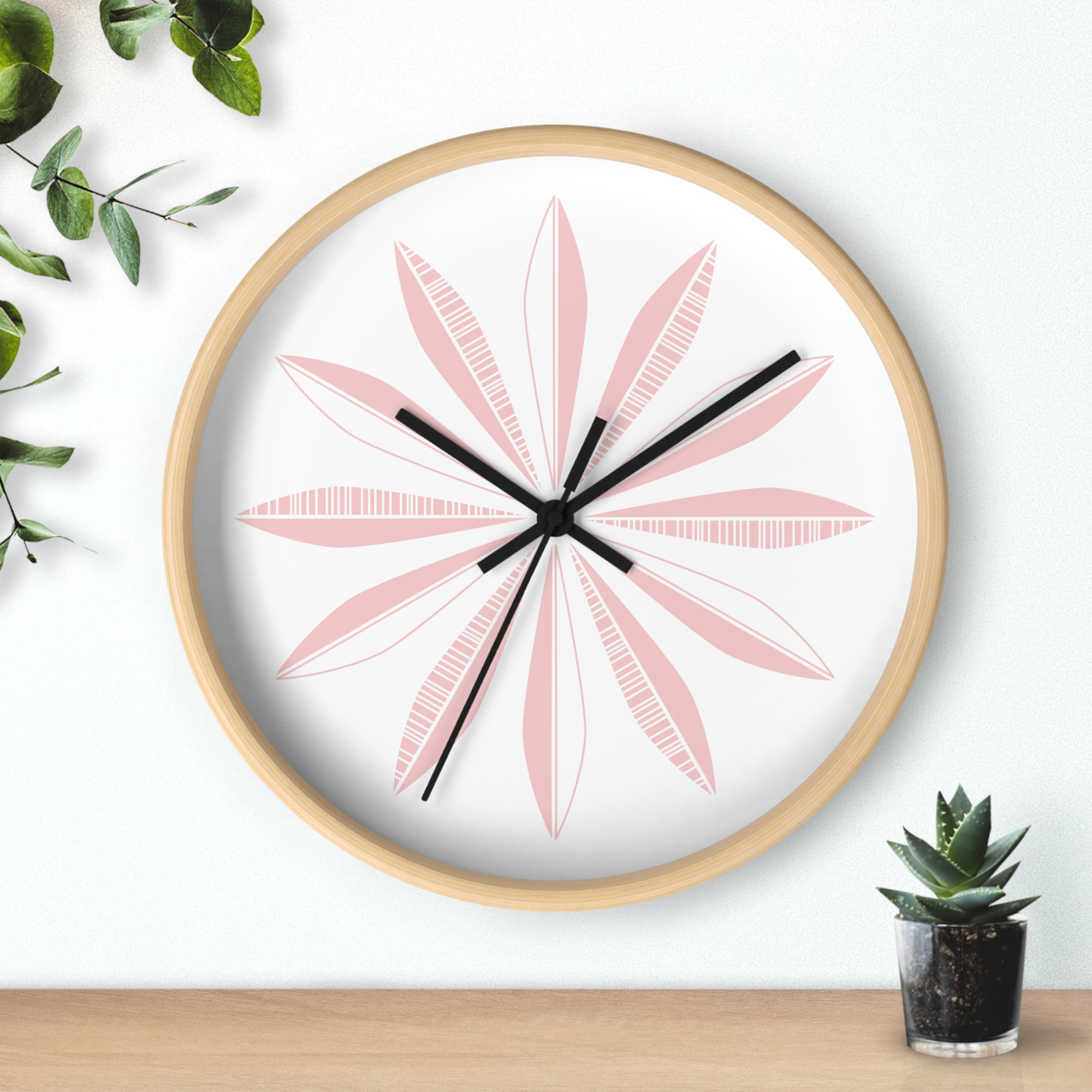 Retro Feathers Wall Clock in Bubblegum on White product thumbnail image Retro Feathers Wall Clock in Bubblegum on White product thumbnail image