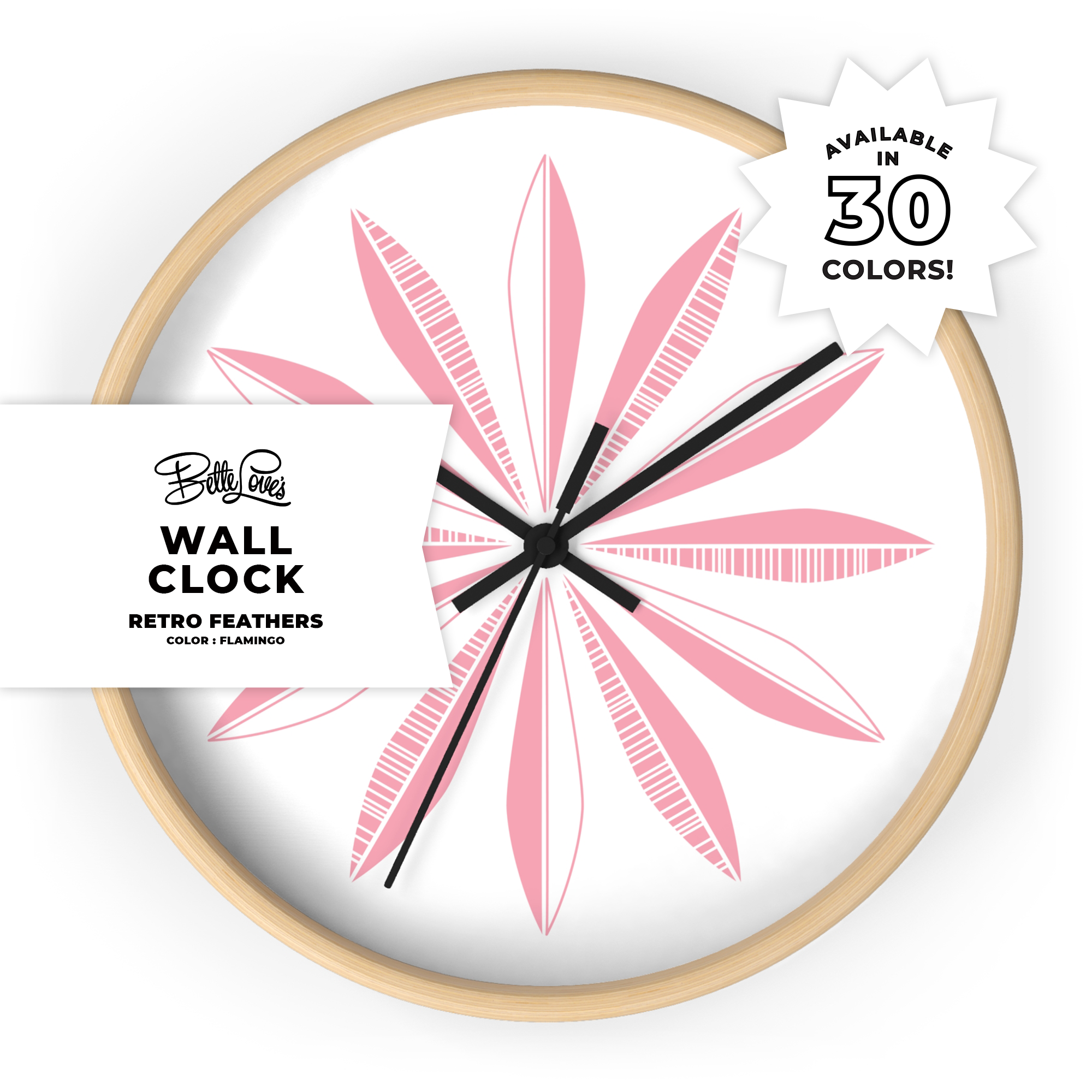 Retro Feathers Wall Clock in Flamingo on White Retro Feathers Wall Clock in Flamingo on White