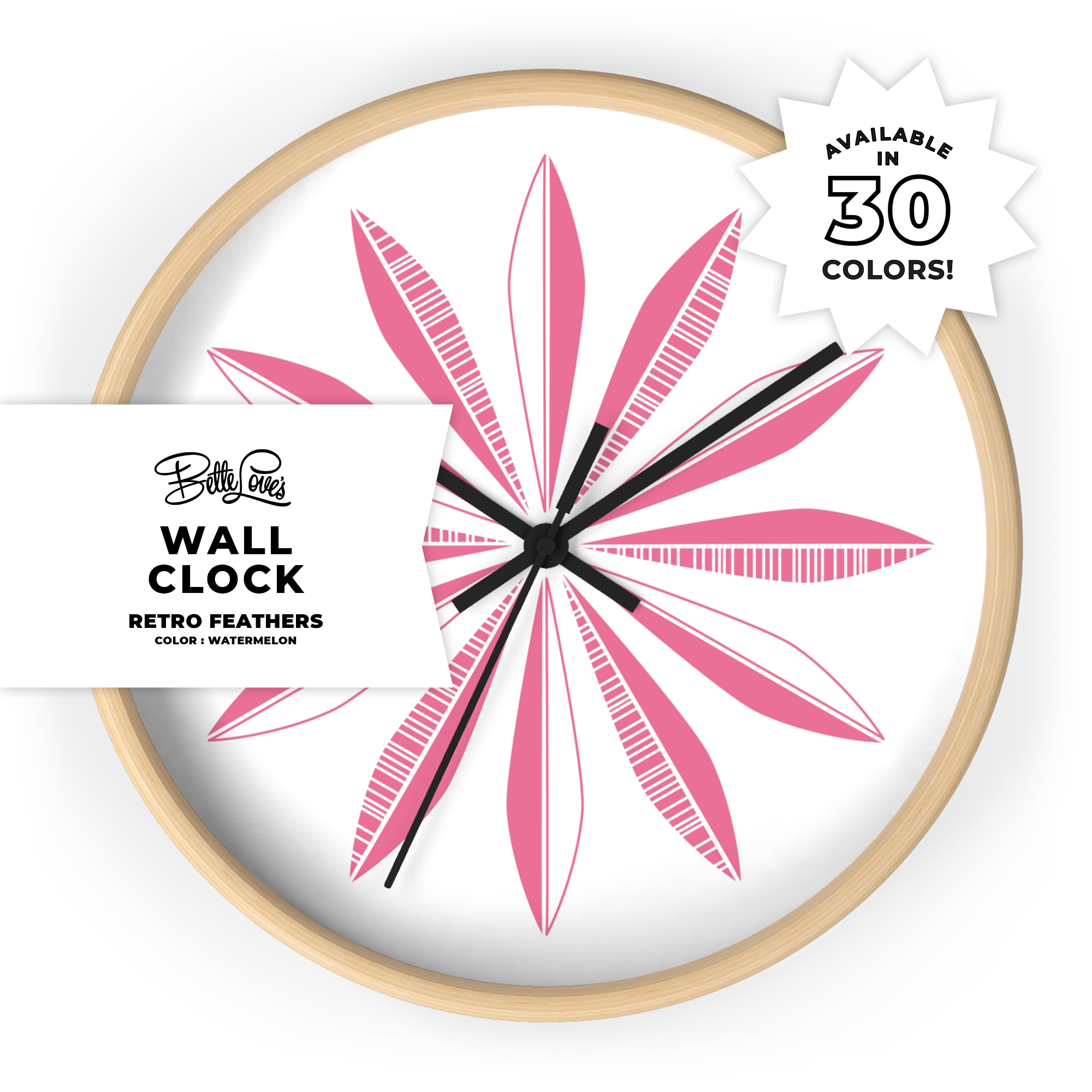 Retro Feathers Wall Clock in Watermelon on White product thumbnail image Retro Feathers Wall Clock in Watermelon on White product thumbnail image