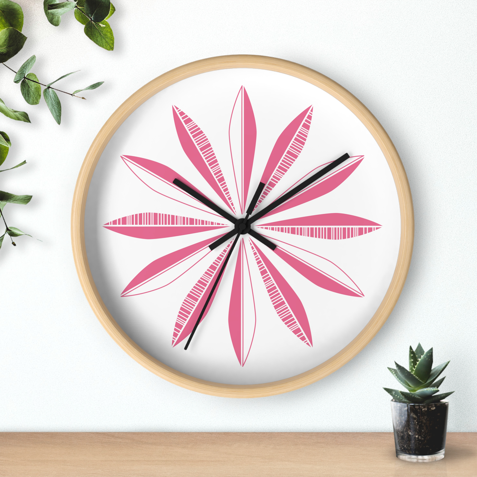 Retro Feathers Wall Clock in Watermelon on White product thumbnail image Retro Feathers Wall Clock in Watermelon on White product thumbnail image