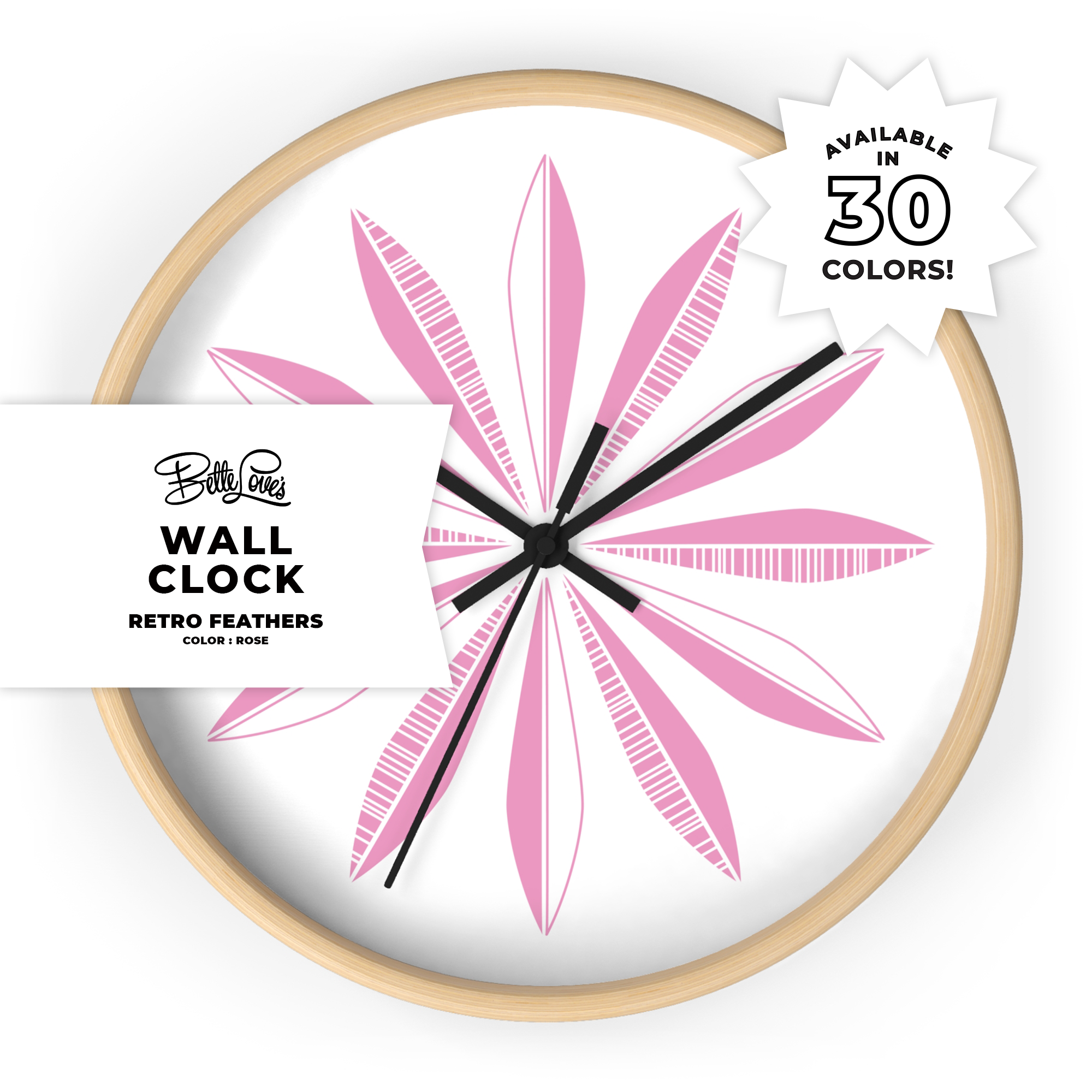 Retro Feathers Wall Clock in Rose on White Retro Feathers Wall Clock in Rose on White