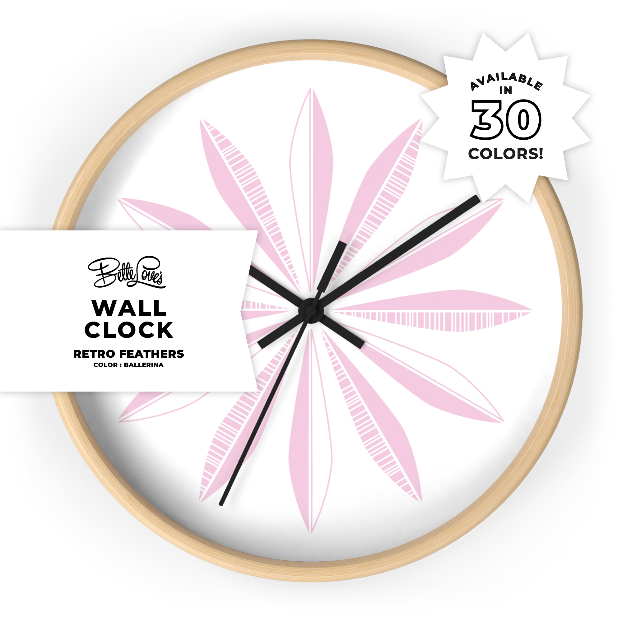 Retro Feathers Wall Clock in Ballerina on White Retro Feathers Wall Clock in Ballerina on White