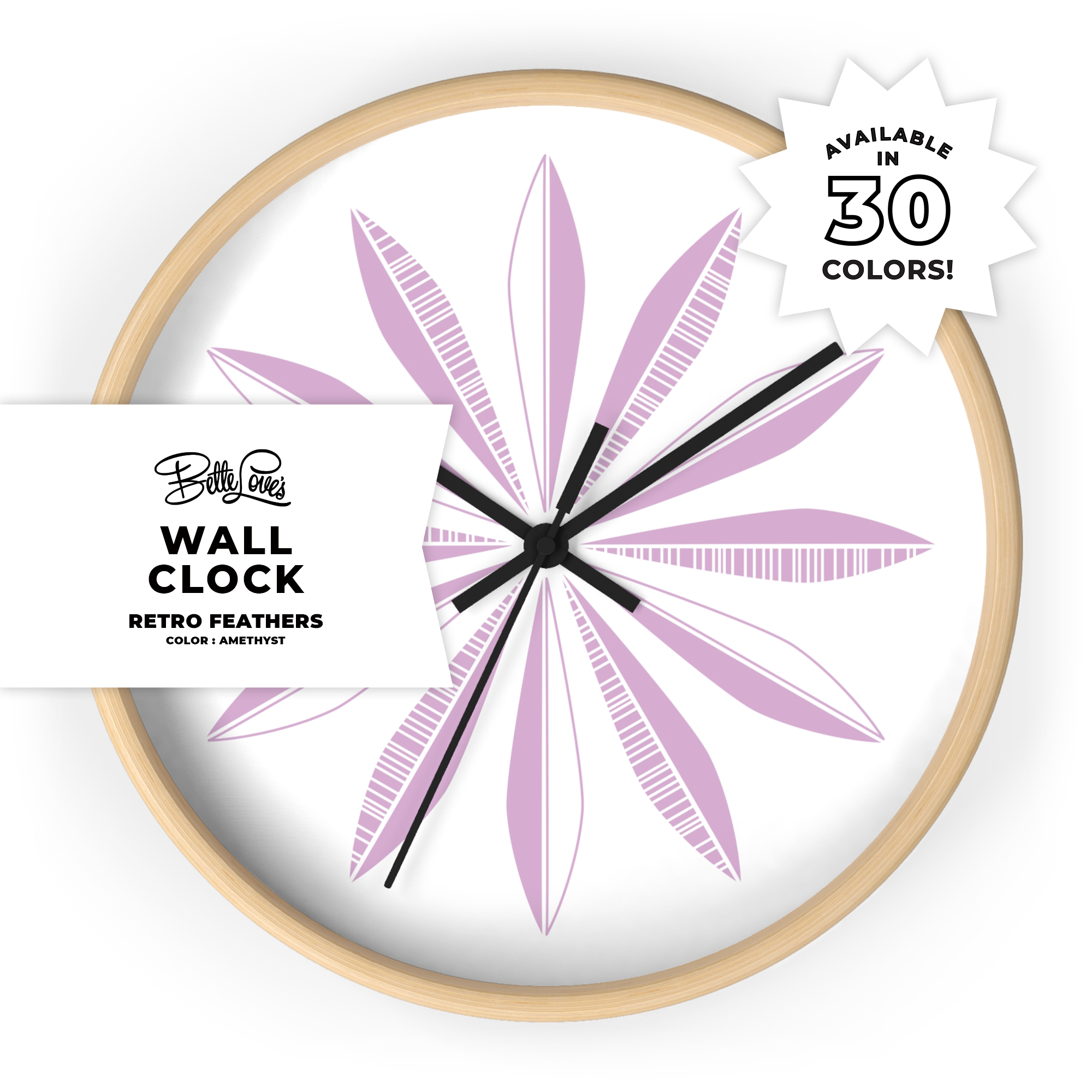 Retro Feather Wall Clock in Amethyst on White Retro Feather Wall Clock in Amethyst on White
