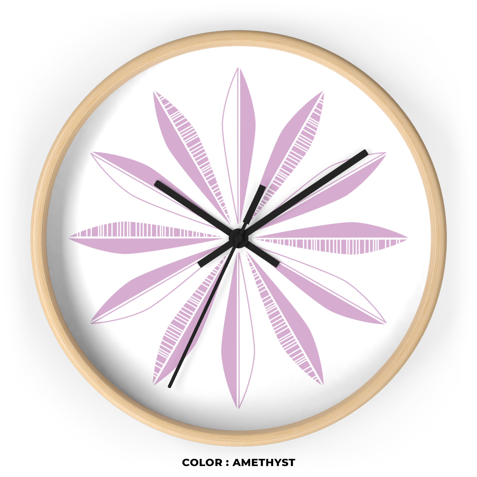 Retro Feather Wall Clock in Amethyst on White product thumbnail image Retro Feather Wall Clock in Amethyst on White product thumbnail image