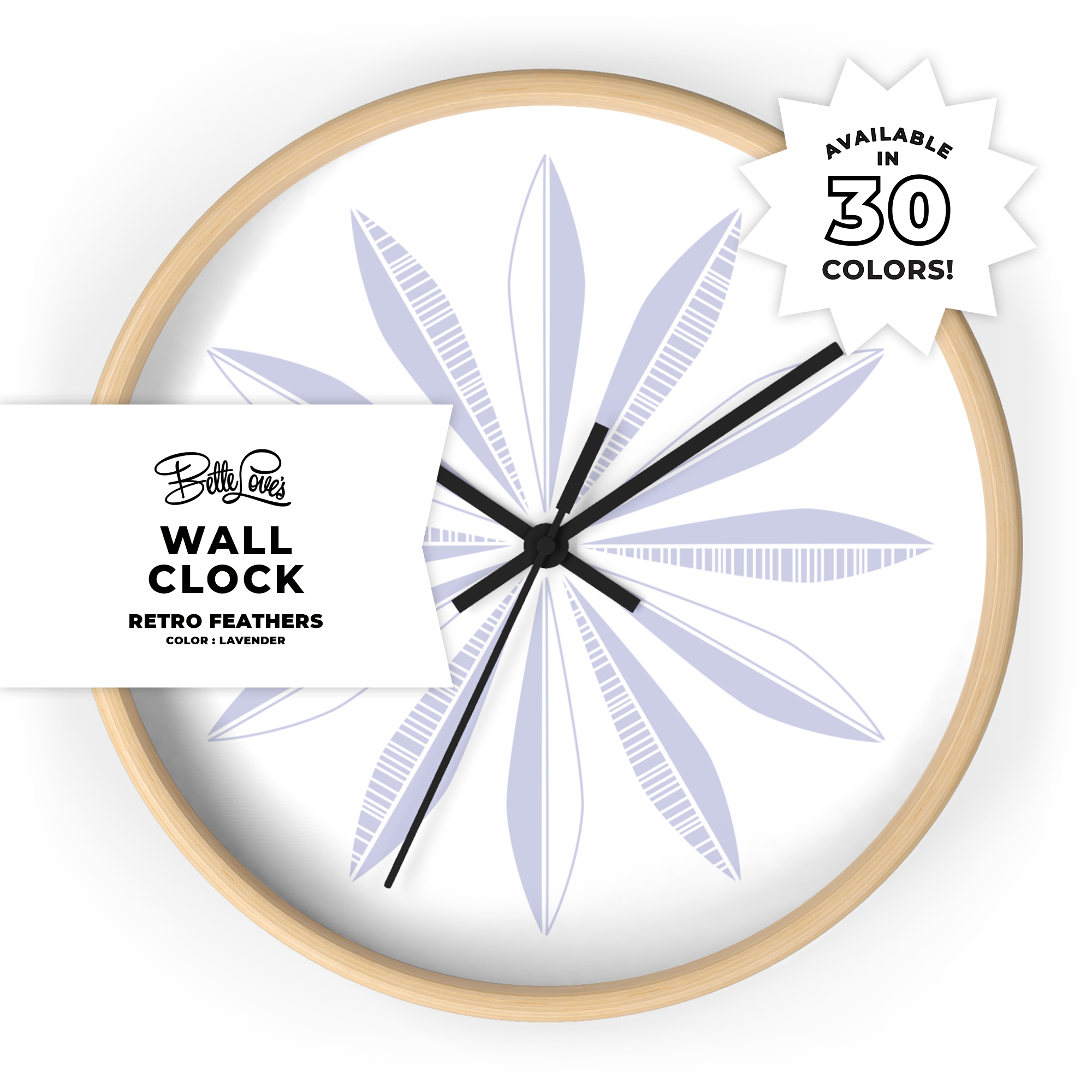 Retro Feathers Wall Clock in Lavender on White Retro Feathers Wall Clock in Lavender on White