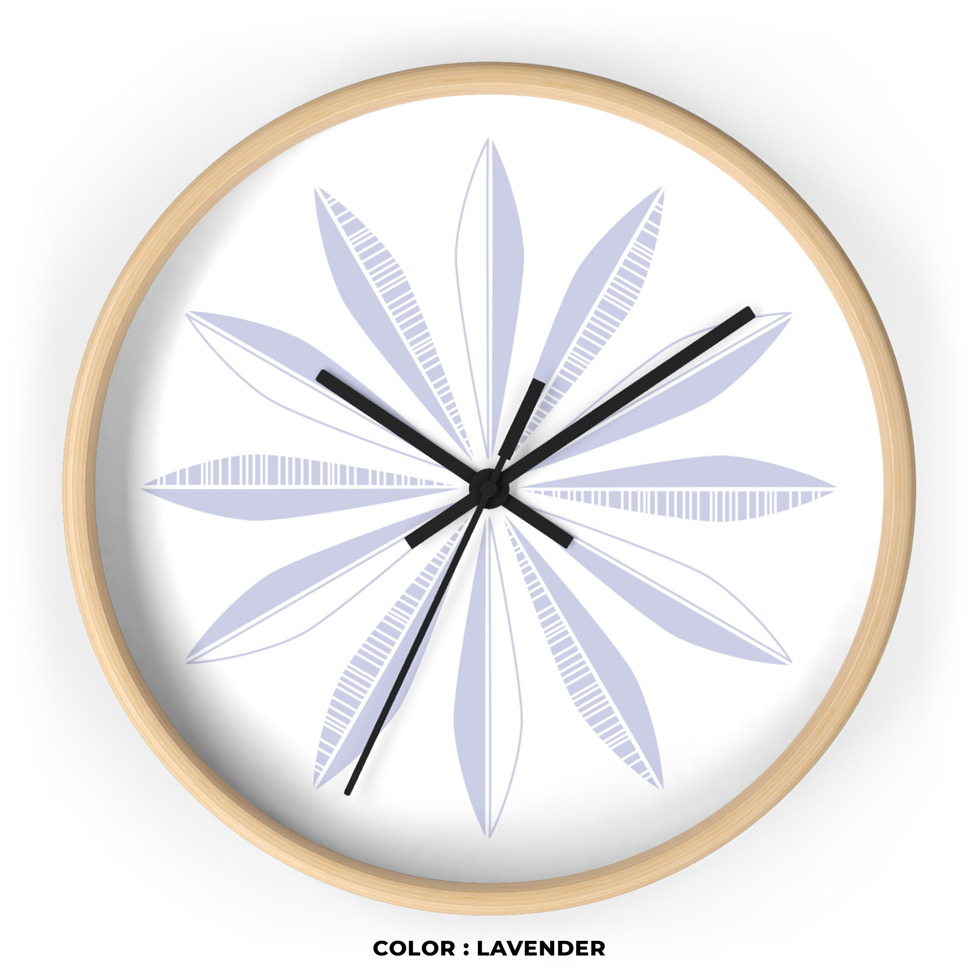 Retro Feathers Wall Clock in Lavender on White product thumbnail image Retro Feathers Wall Clock in Lavender on White product thumbnail image