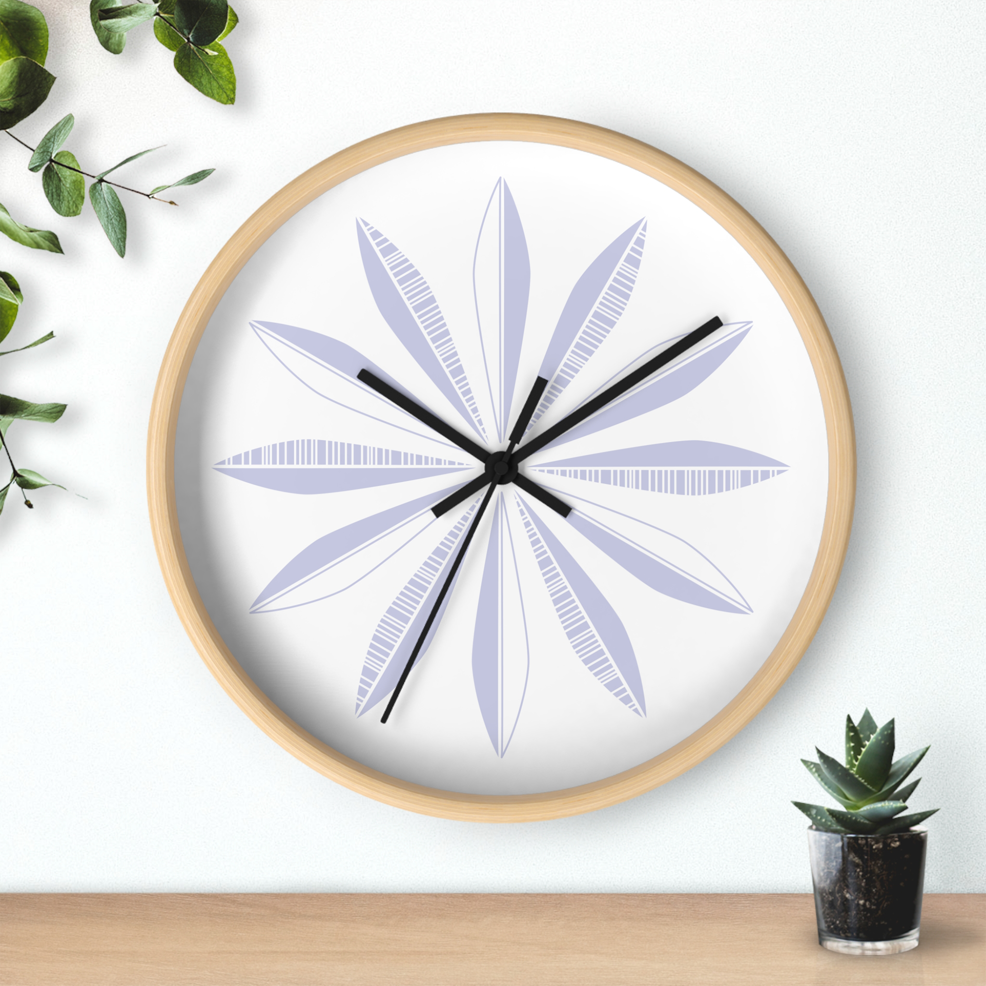 Retro Feathers Wall Clock in Lavender on White product thumbnail image Retro Feathers Wall Clock in Lavender on White product thumbnail image
