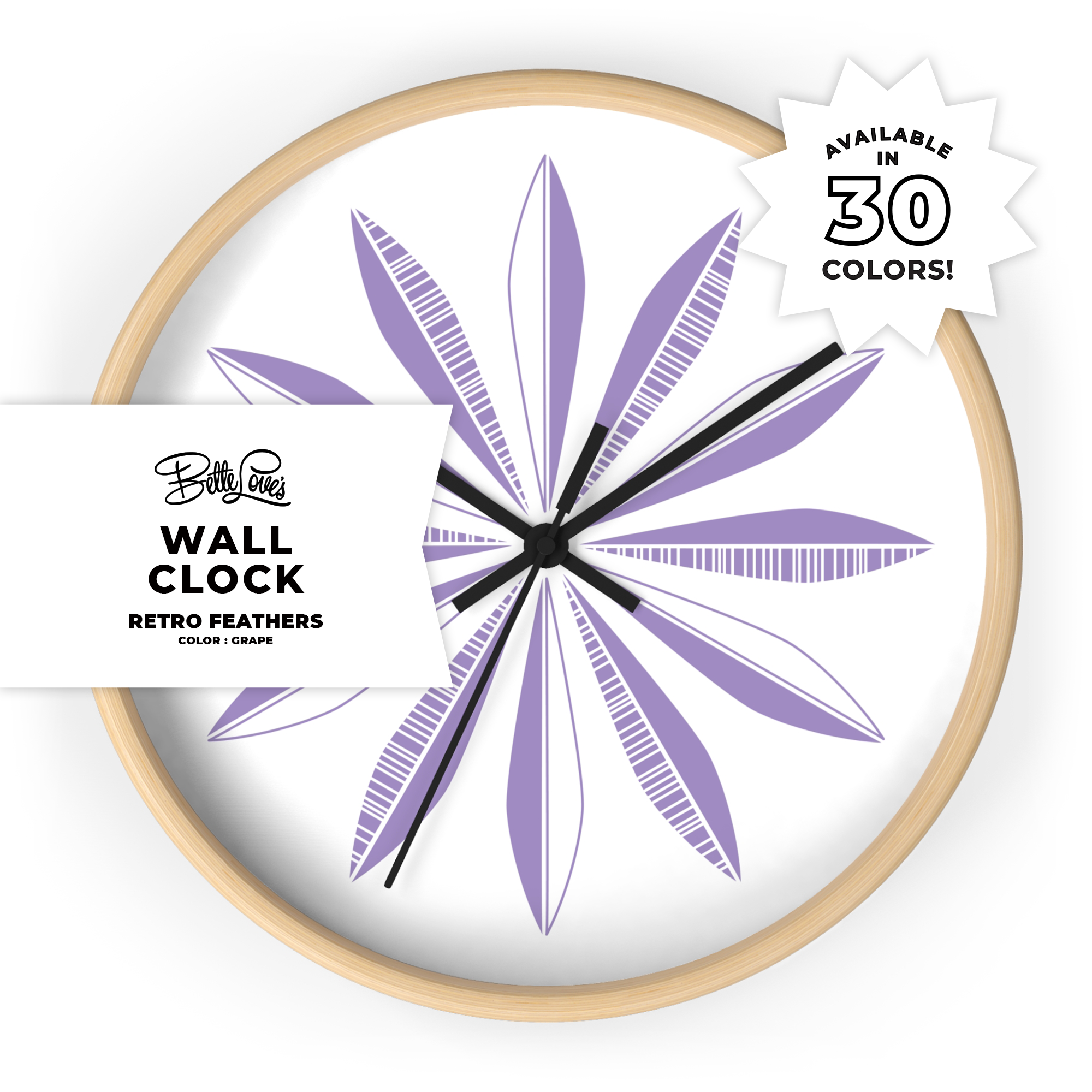 Retro Feathers Wall Clock in Grape on White product thumbnail image Retro Feathers Wall Clock in Grape on White product thumbnail image