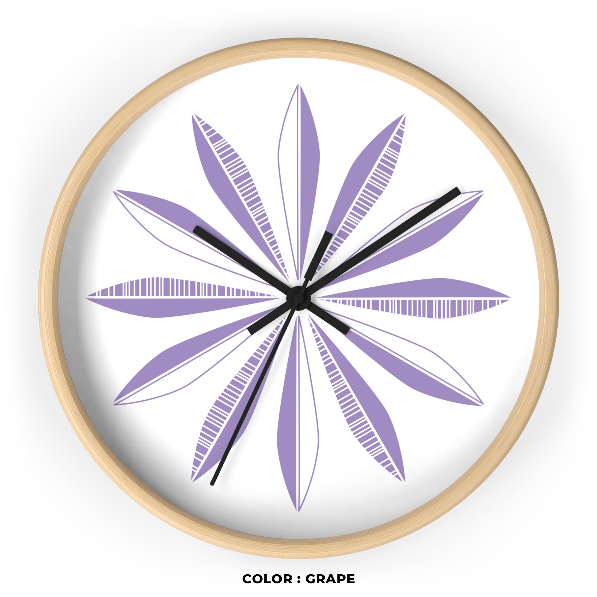Retro Feathers Wall Clock in Grape on White product thumbnail image Retro Feathers Wall Clock in Grape on White product thumbnail image