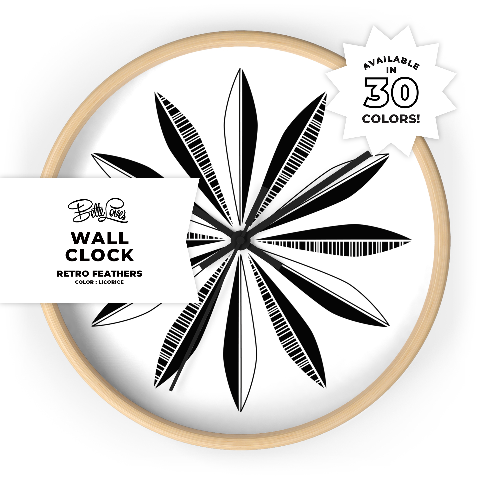 Retro Feathers Wall Clock in Licorice on White Retro Feathers Wall Clock in Licorice on White