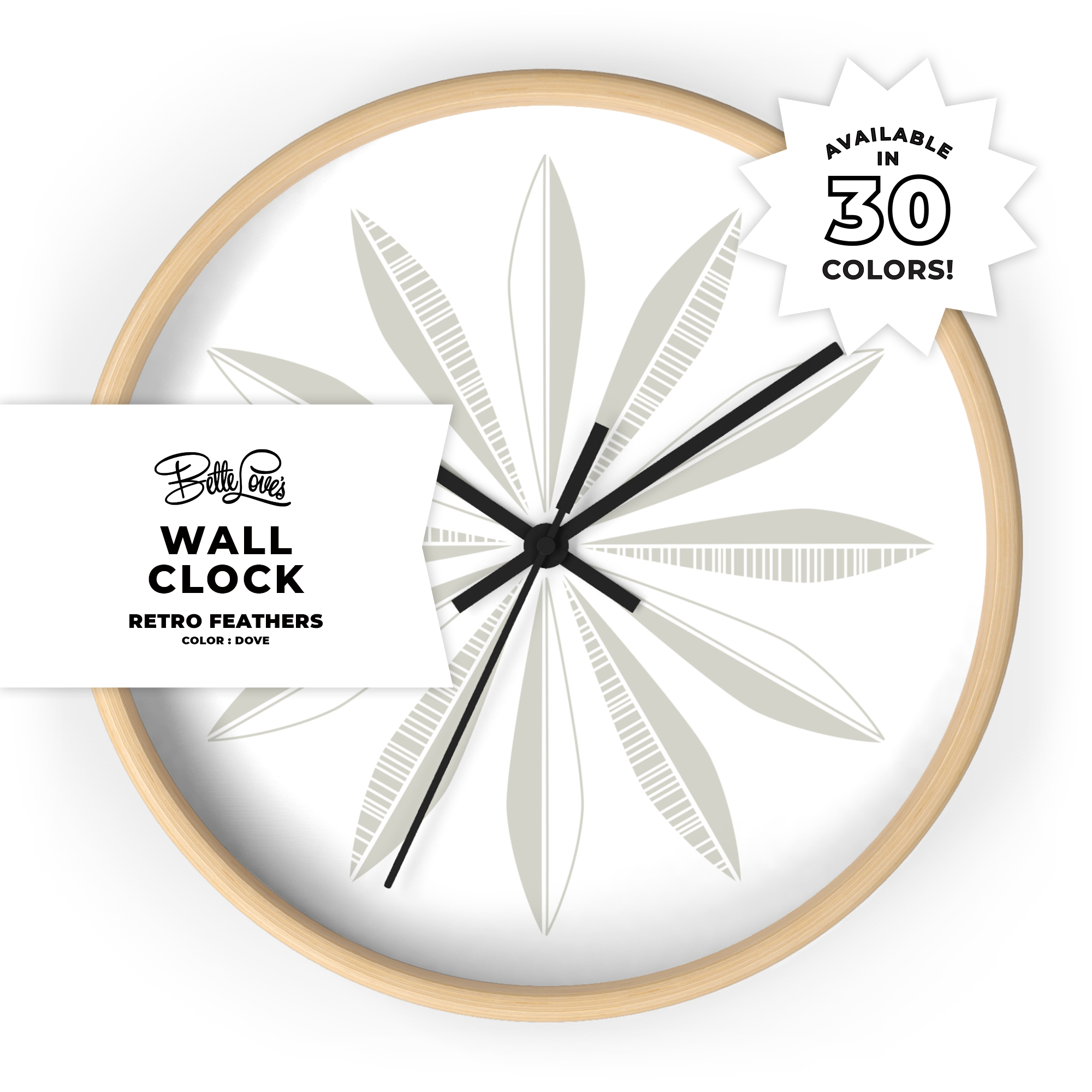 Retro Feathers Wall Clock in Dove on White product thumbnail image Retro Feathers Wall Clock in Dove on White product thumbnail image