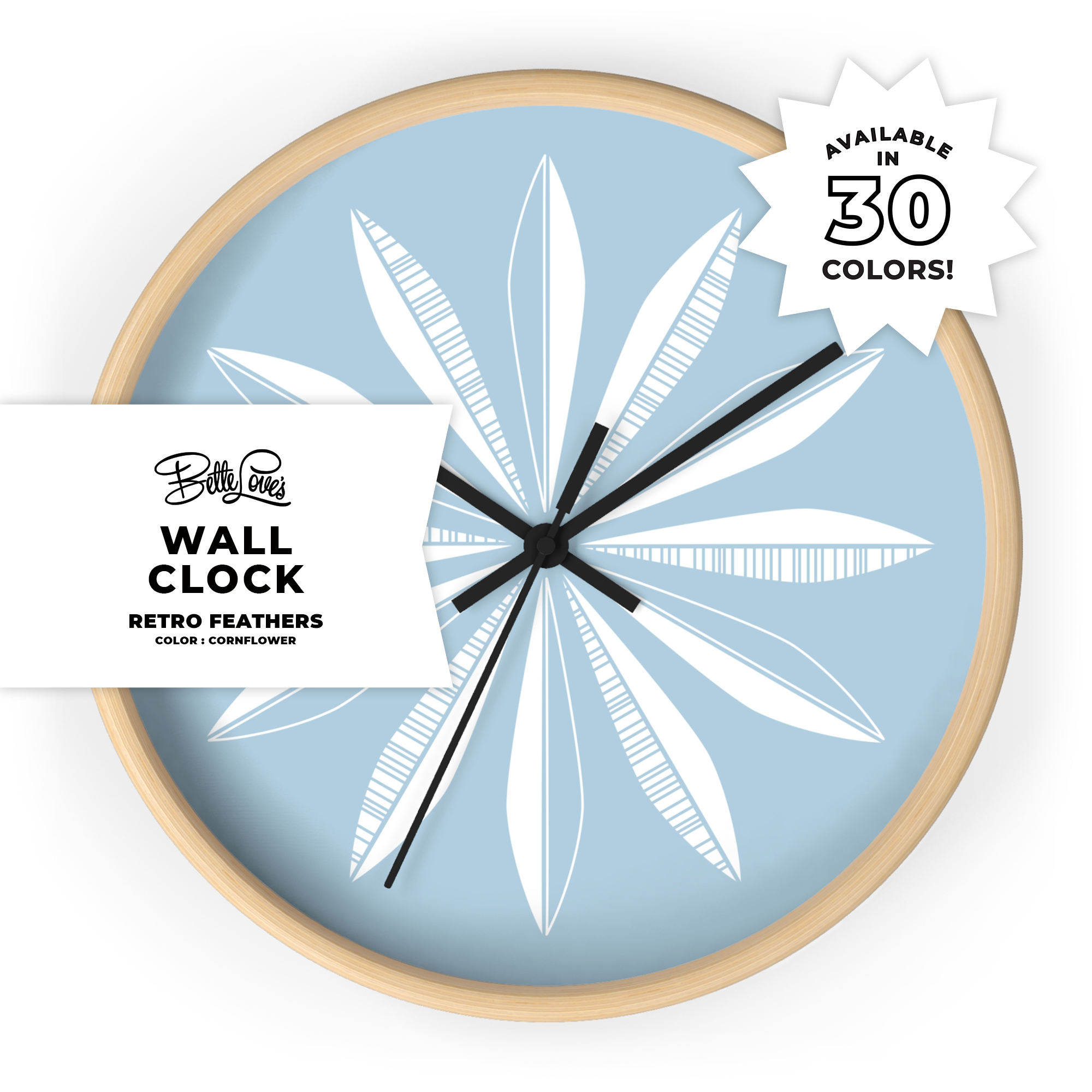 Retro Feathers Wall Clock in Cornflower Retro Feathers Wall Clock in Cornflower