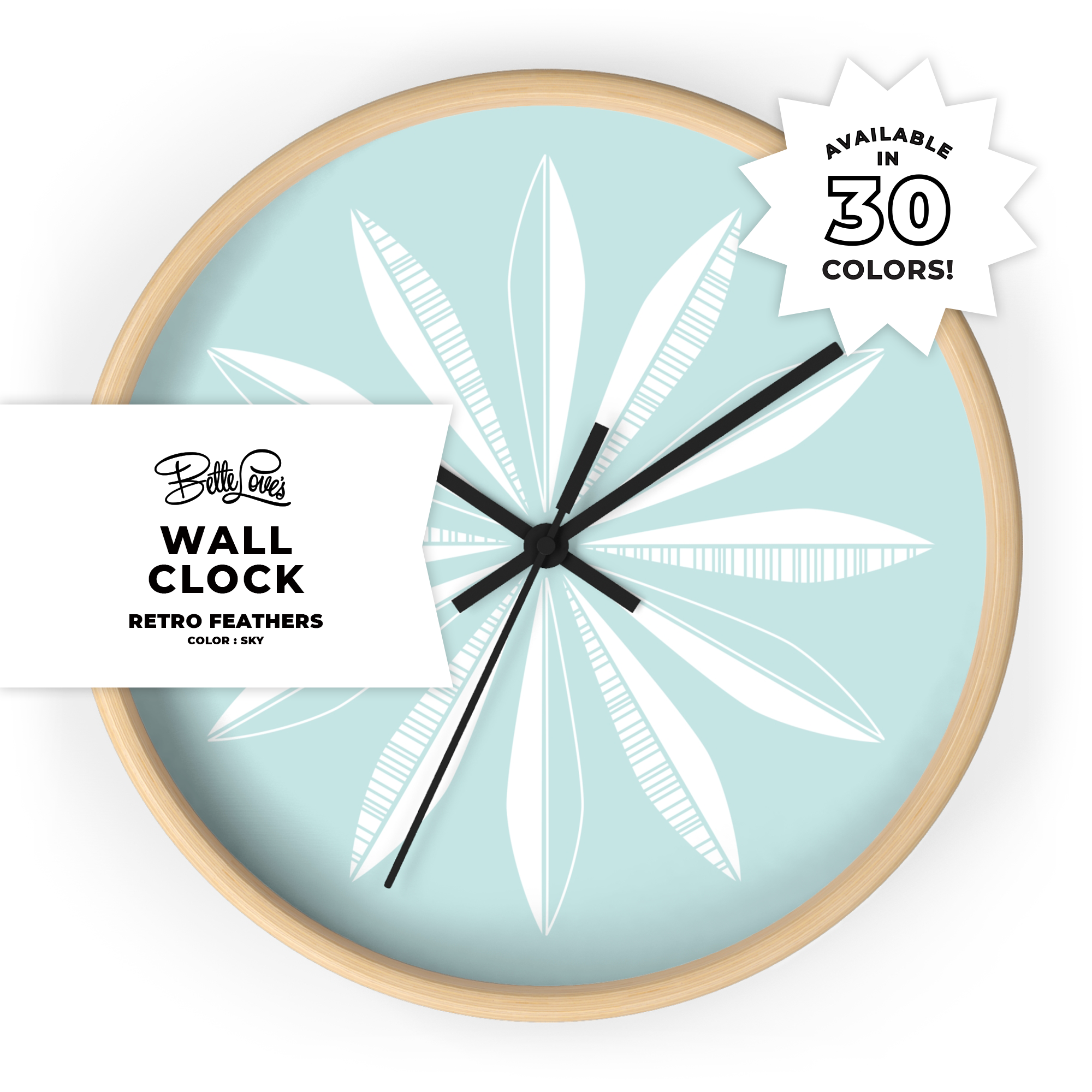 Retro Feathers Wall Clock in Sky product thumbnail image Retro Feathers Wall Clock in Sky product thumbnail image
