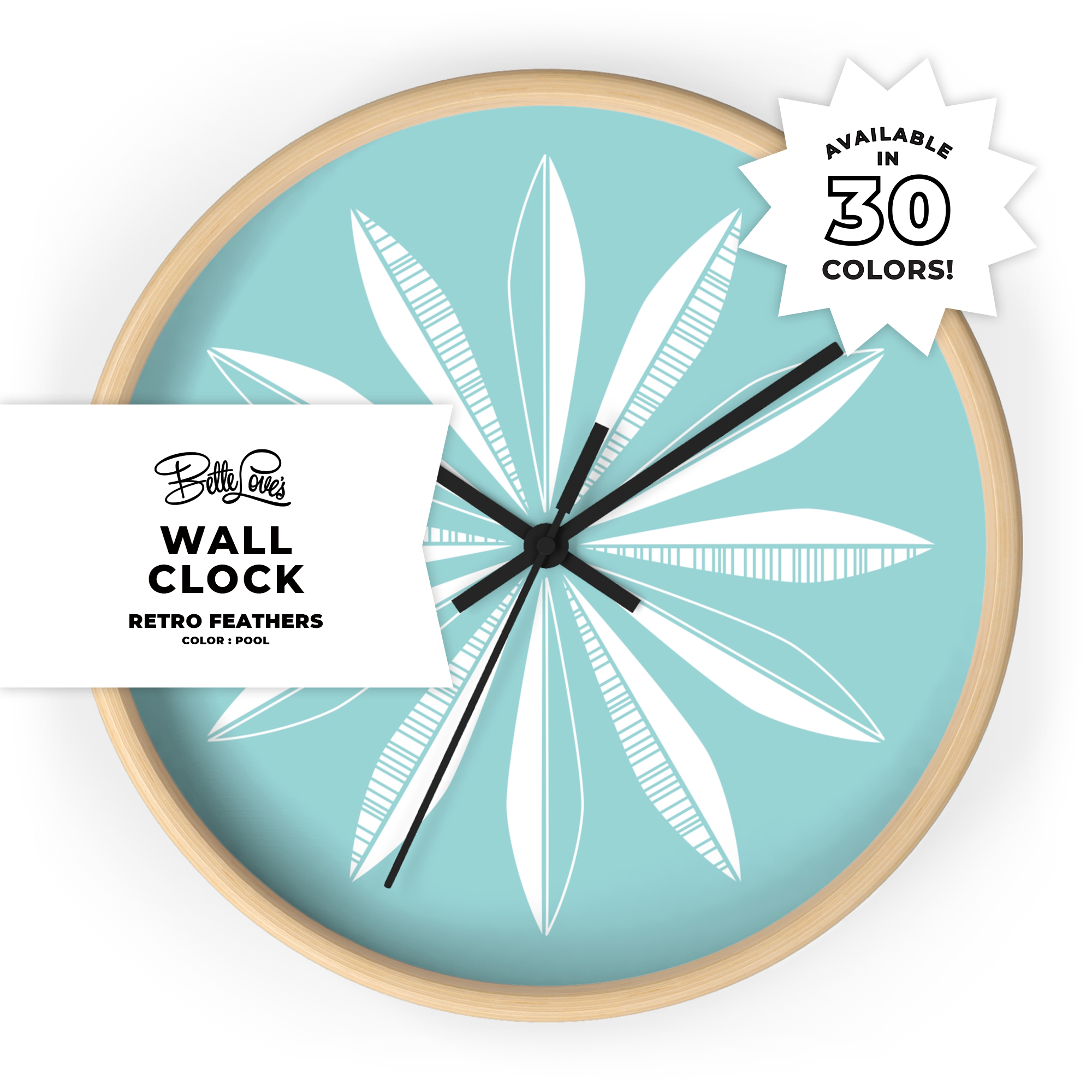 Retro Feathers Wall Clock in Pool Retro Feathers Wall Clock in Pool