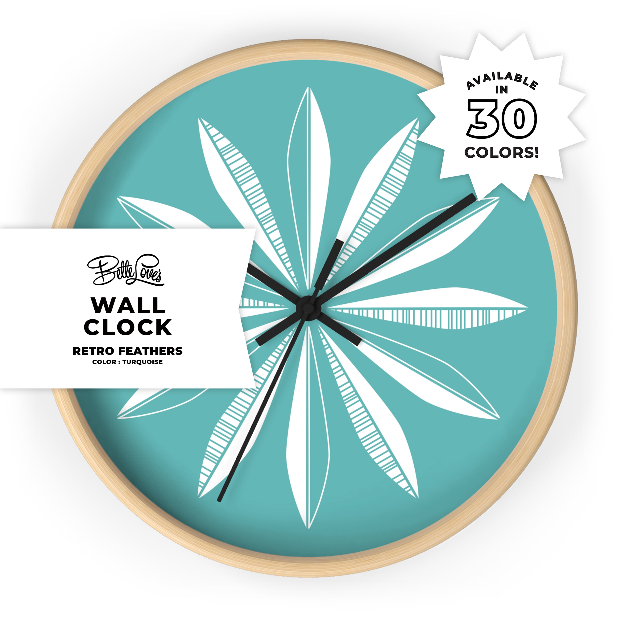 Retro Feathers Wall Clock in Turquoise Retro Feathers Wall Clock in Turquoise