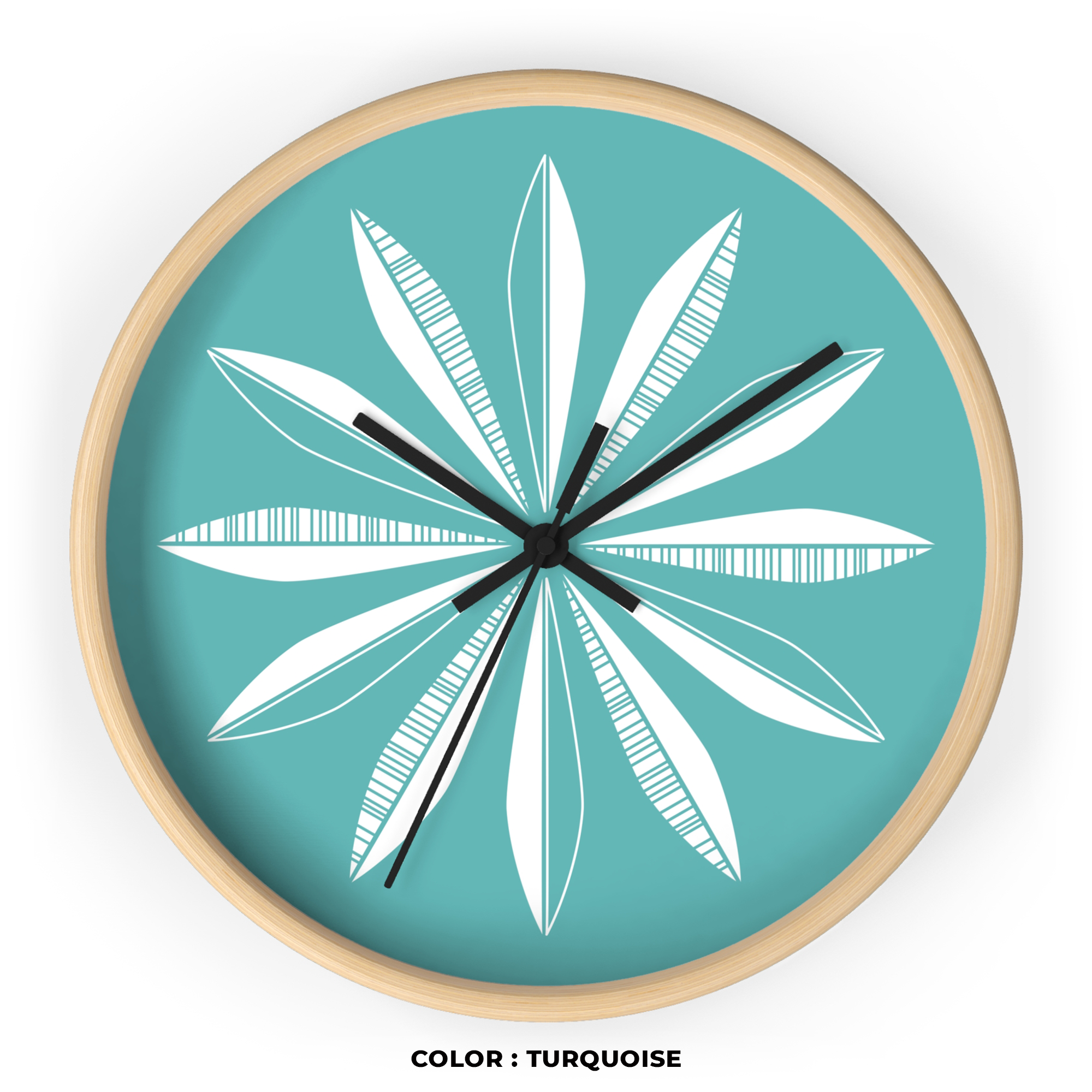 Retro Feathers Wall Clock in Turquoise product thumbnail image Retro Feathers Wall Clock in Turquoise product thumbnail image