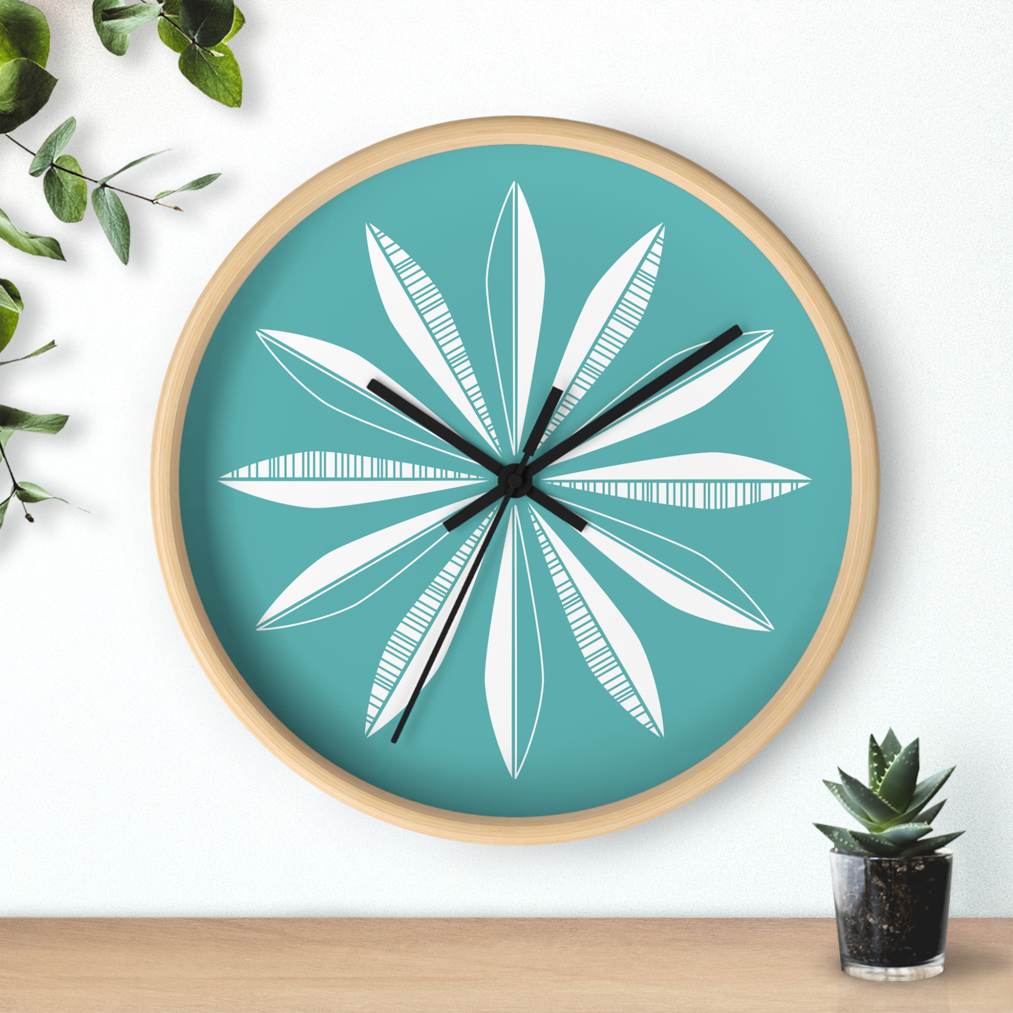 Retro Feathers Wall Clock in Turquoise product thumbnail image Retro Feathers Wall Clock in Turquoise product thumbnail image