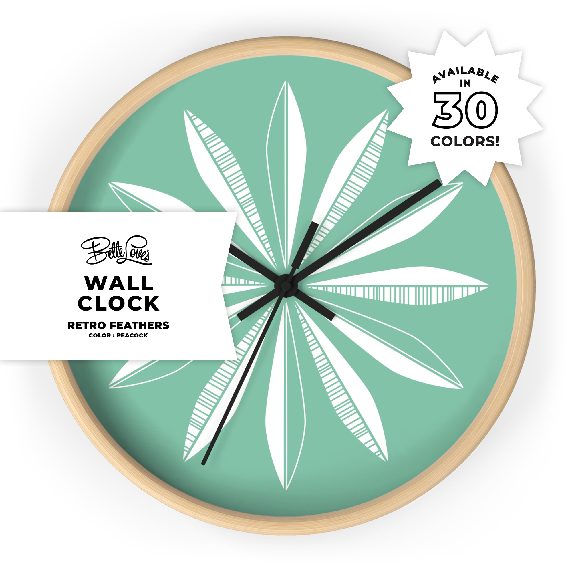 Retro Feathers Wall Clock in Peacock Retro Feathers Wall Clock in Peacock