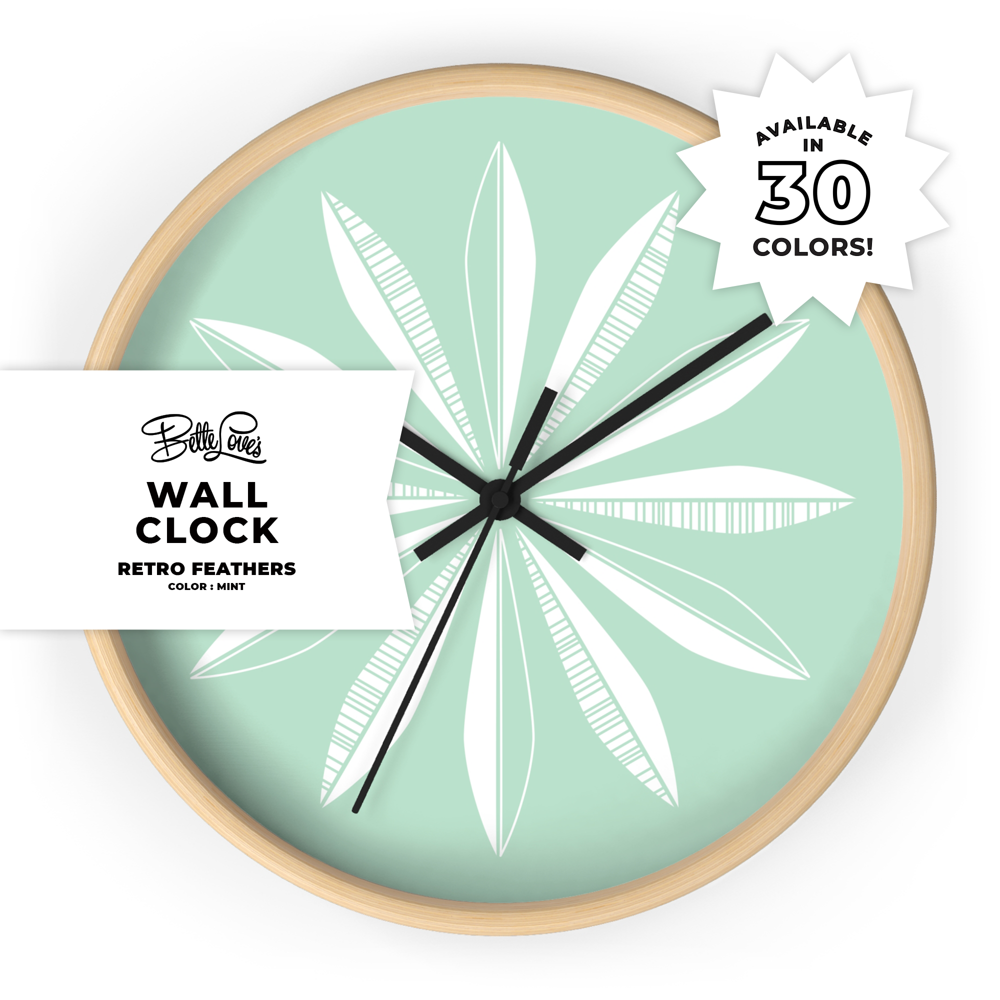 Retro Feathers Wall Clock in Mint product thumbnail image Retro Feathers Wall Clock in Mint product thumbnail image