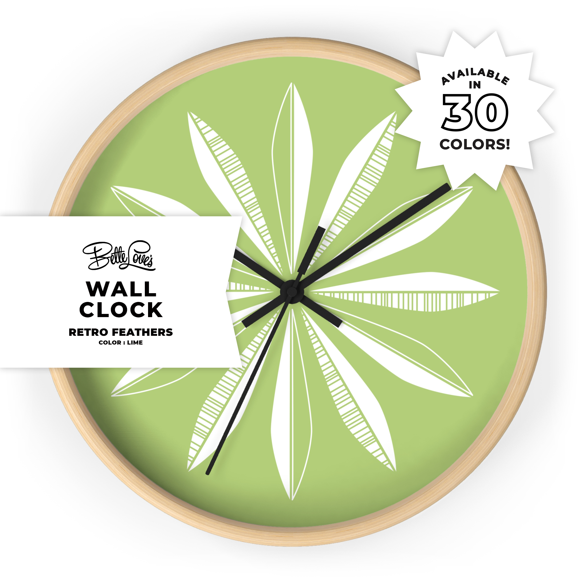 Retro Feathers Wall Clock in Lime product thumbnail image Retro Feathers Wall Clock in Lime product thumbnail image