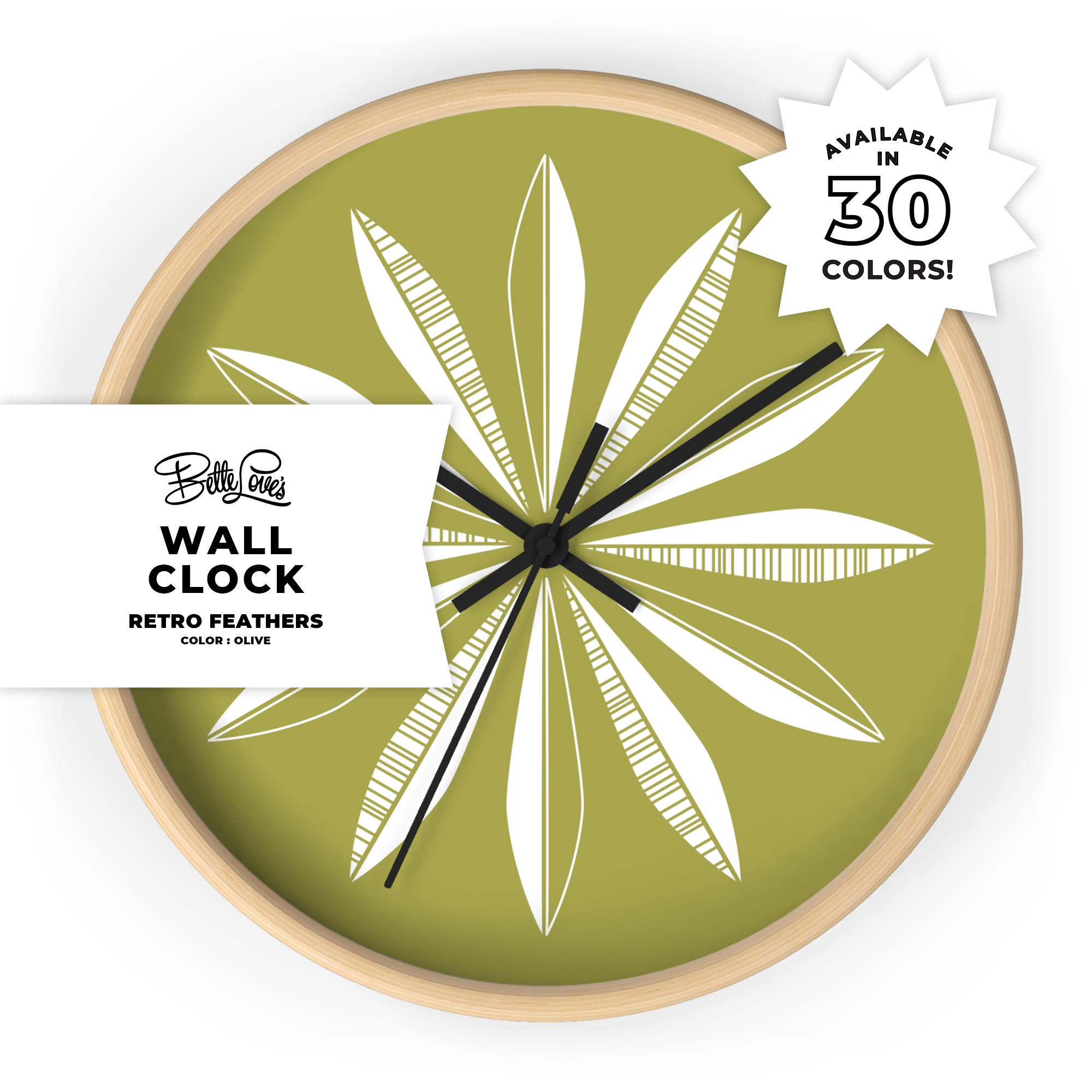 Retro Feathers Wall Clock in Olive product thumbnail image Retro Feathers Wall Clock in Olive product thumbnail image