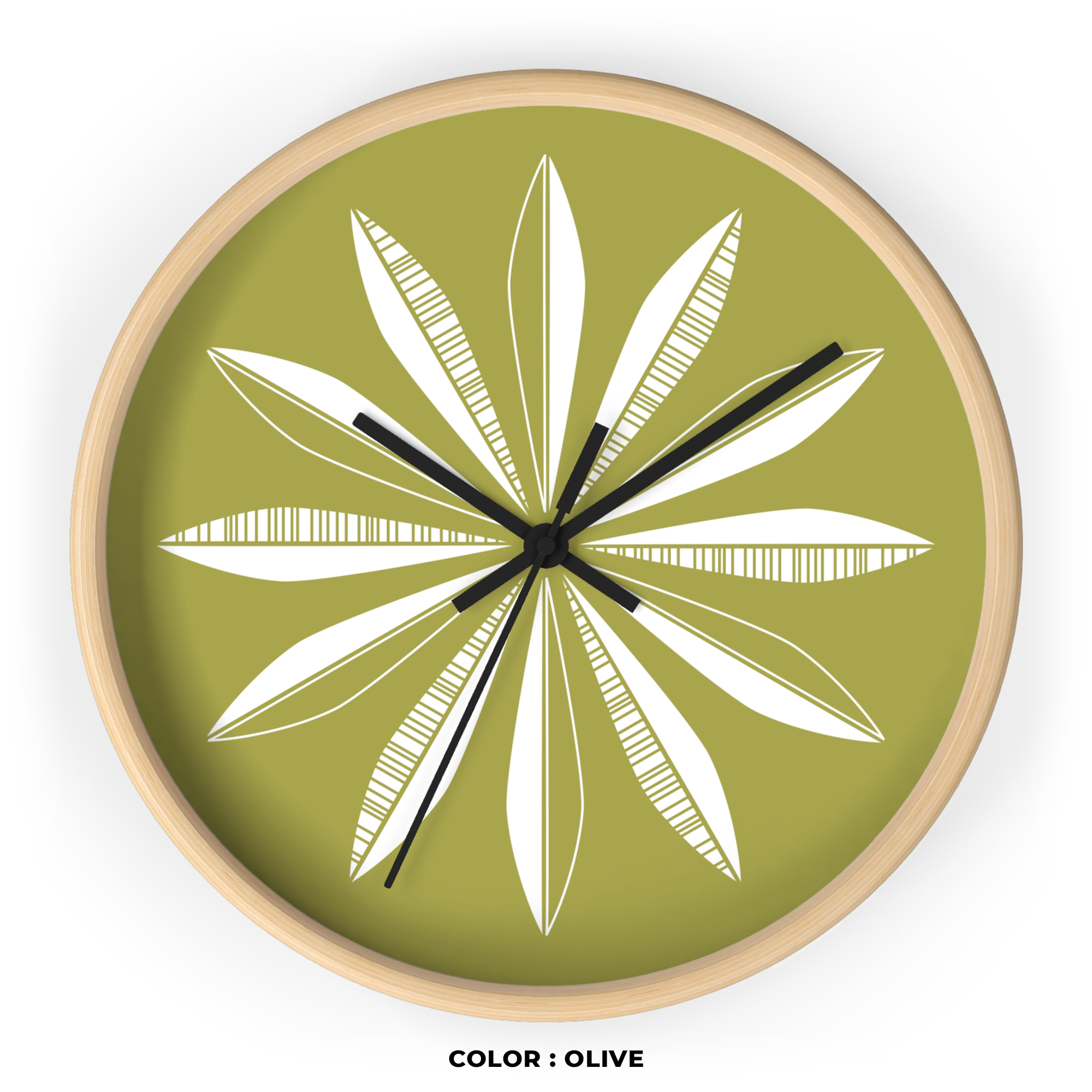 Retro Feathers Wall Clock in Olive product thumbnail image Retro Feathers Wall Clock in Olive product thumbnail image