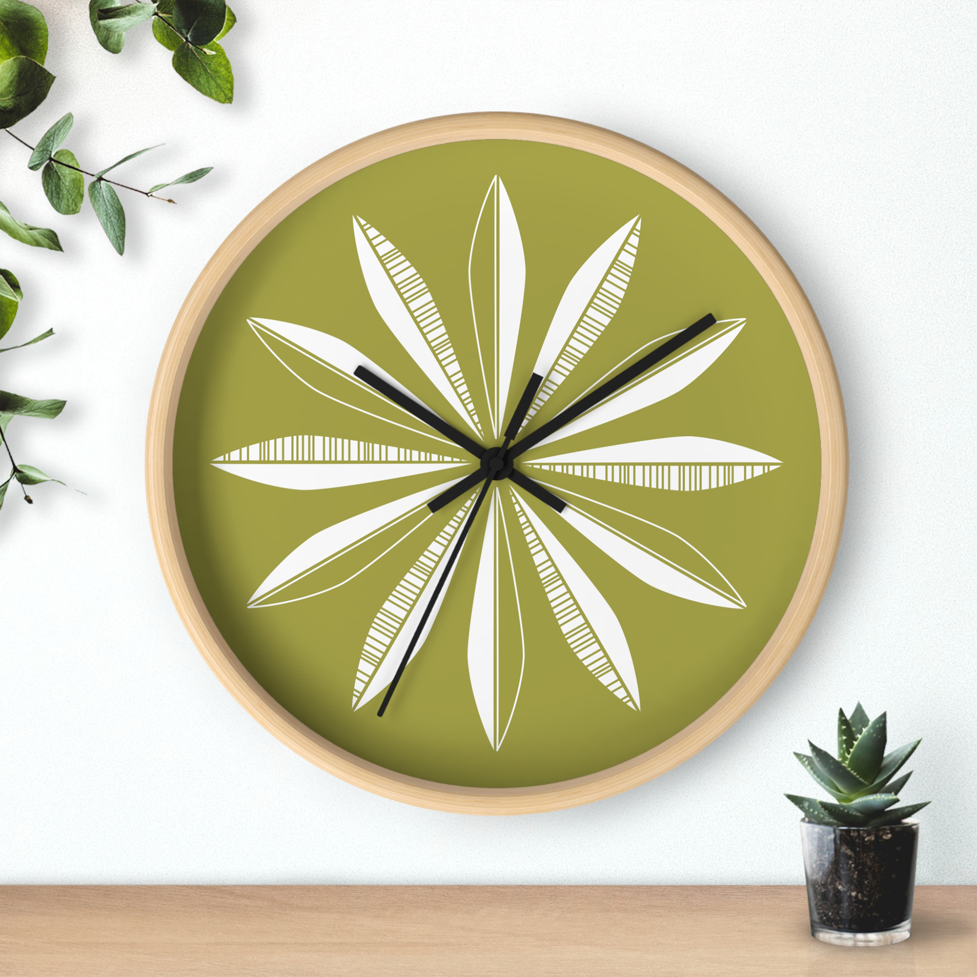Retro Feathers Wall Clock in Olive product thumbnail image Retro Feathers Wall Clock in Olive product thumbnail image